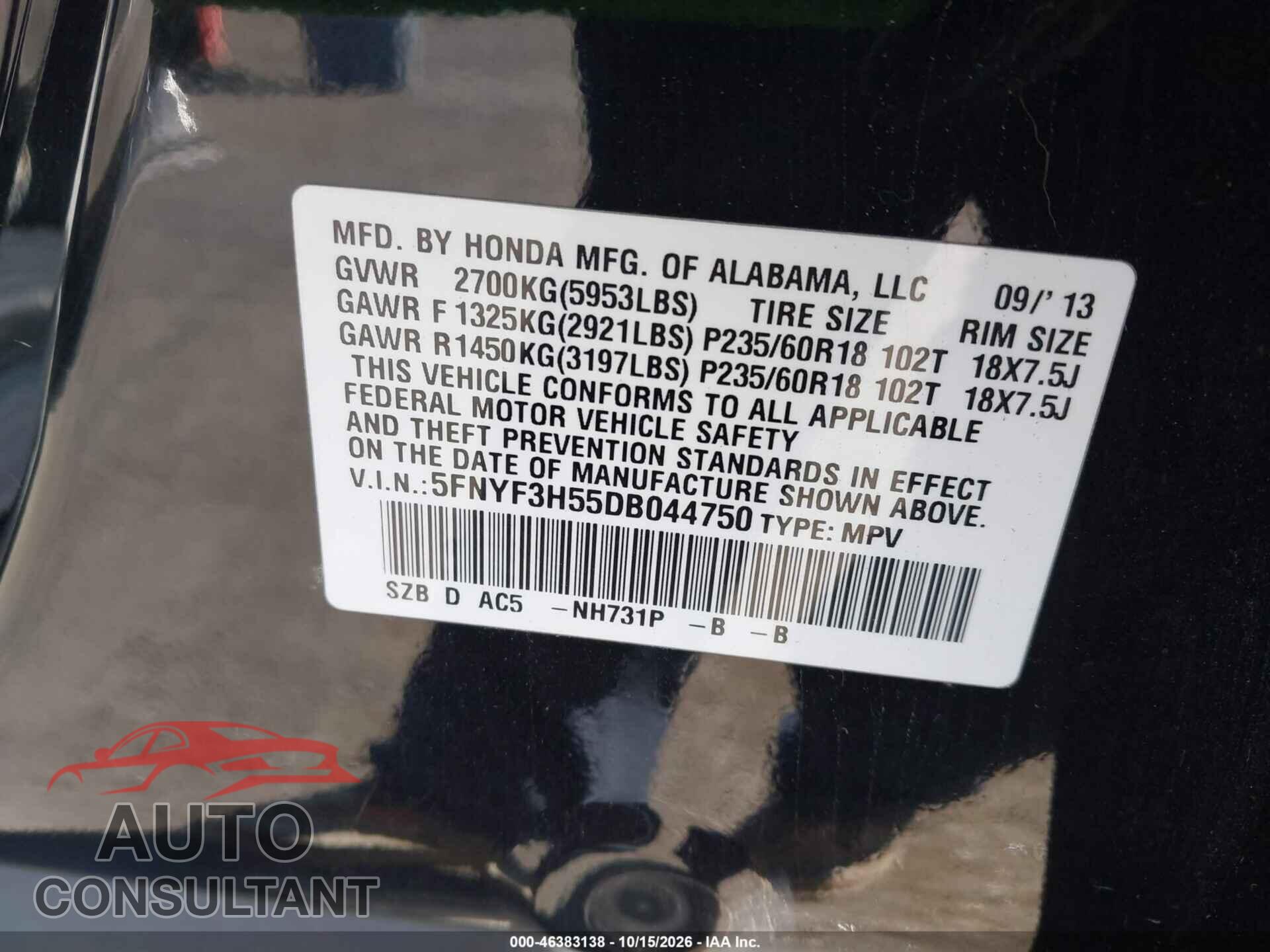 HONDA PILOT 2013 - 5FNYF3H55DB044750