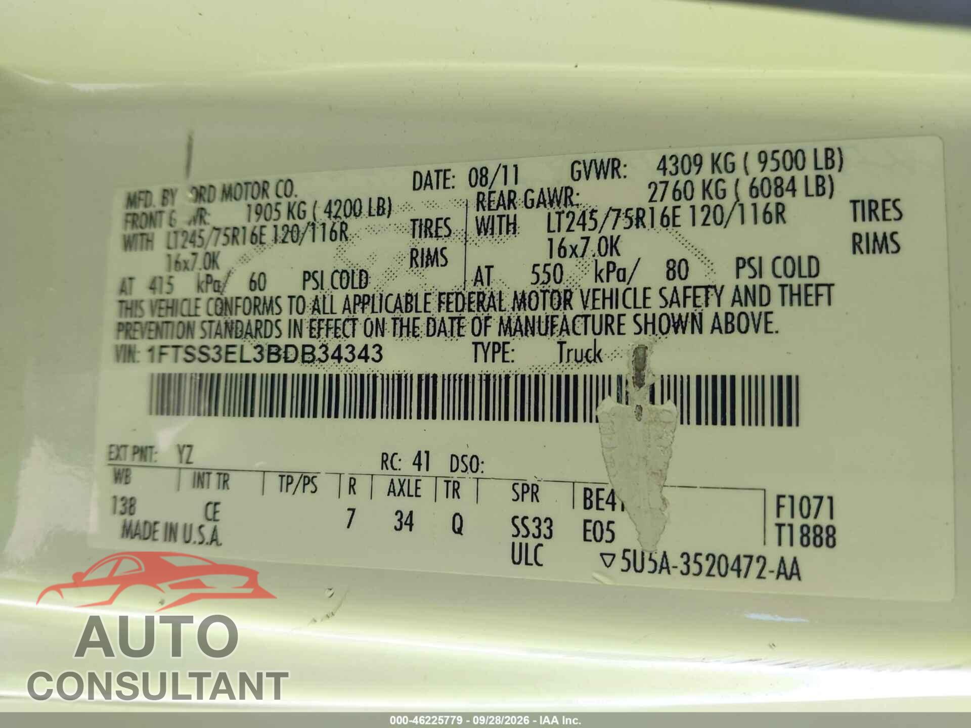 FORD ECONOLINE CARGO VAN 2011 - 1FTSS3EL3BDB34343