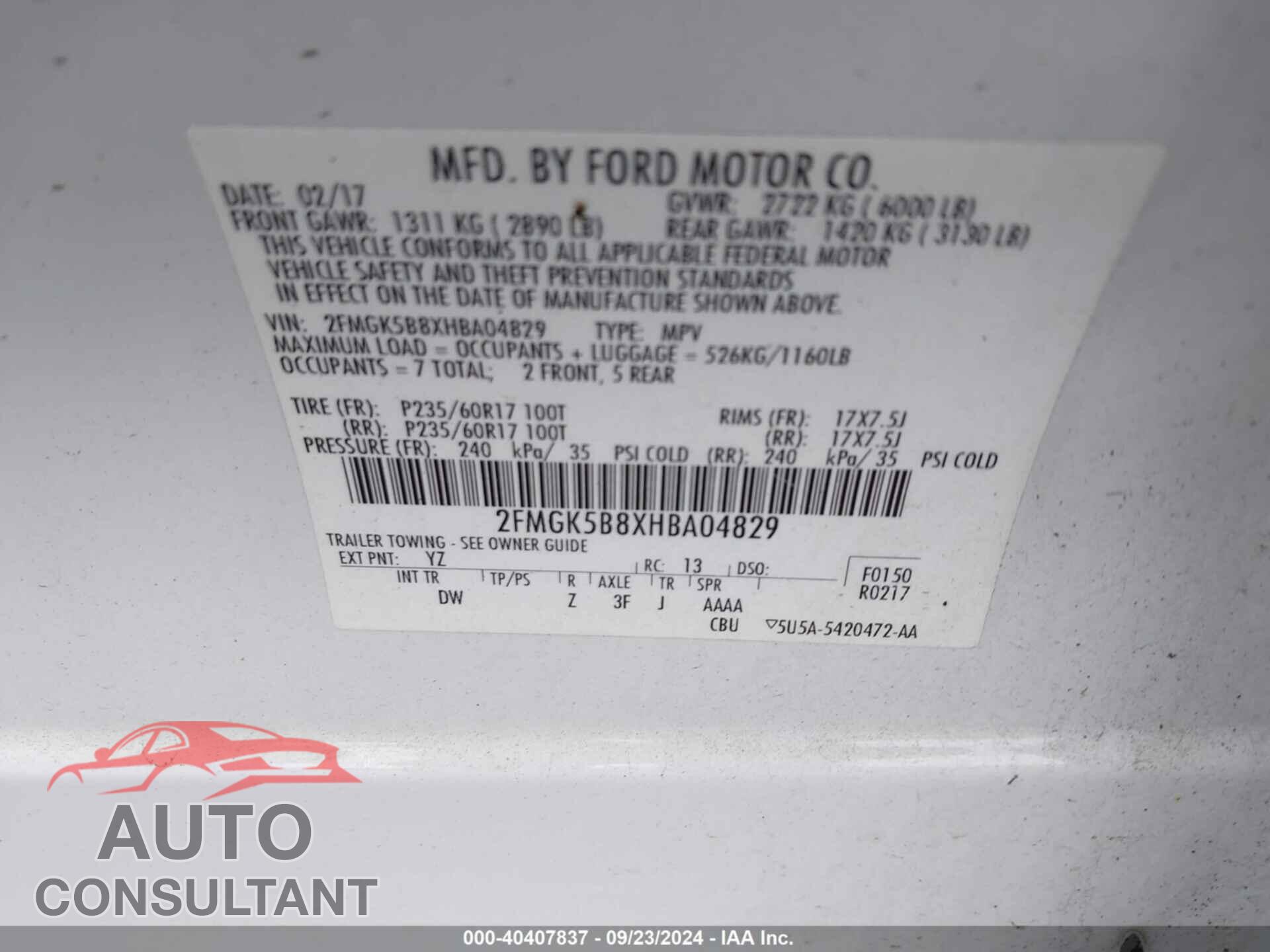 FORD FLEX 2017 - 2FMGK5B8XHBA04829