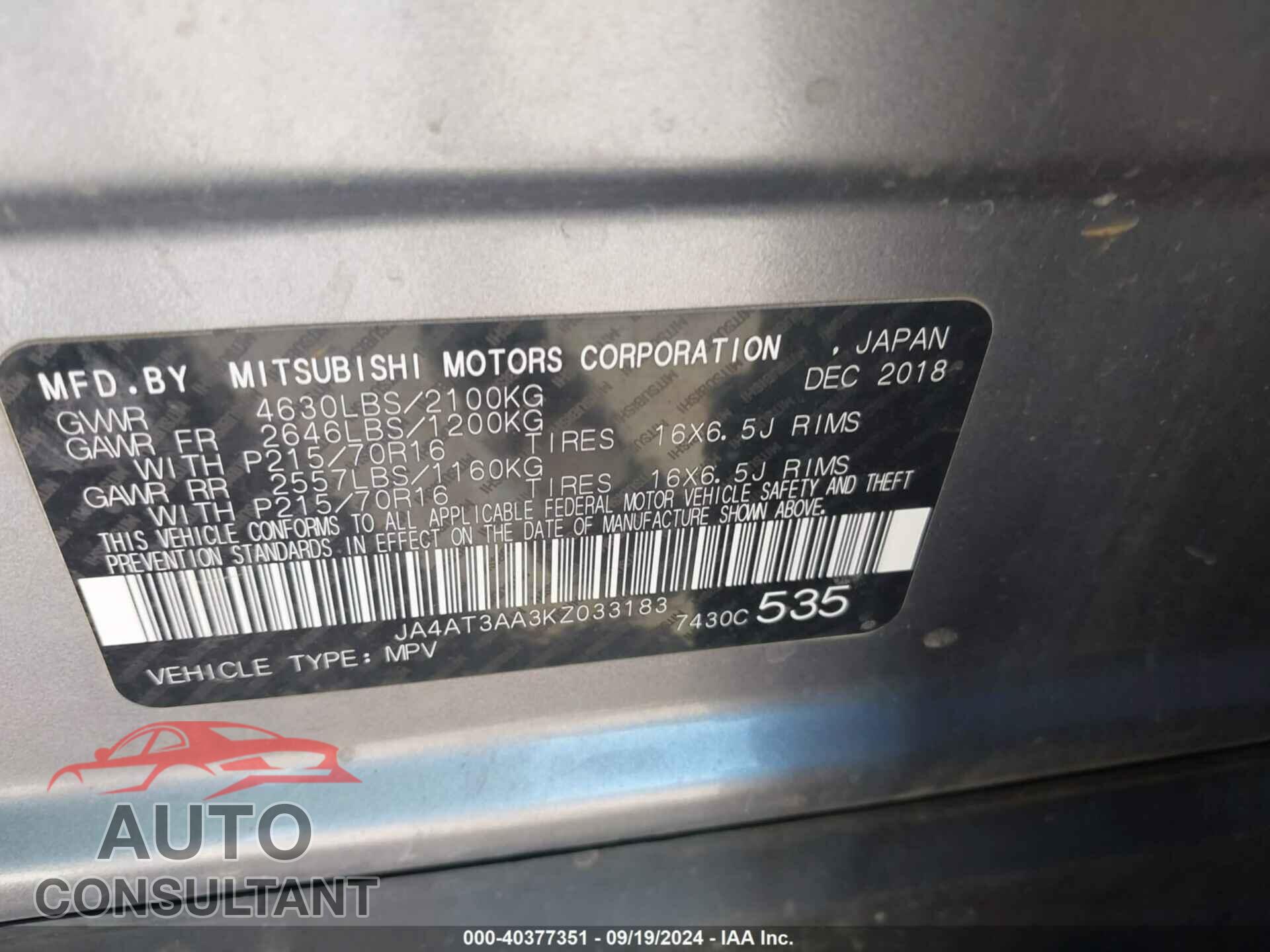 MITSUBISHI ECLIPSE CROSS 2019 - JA4AT3AA3KZ033183