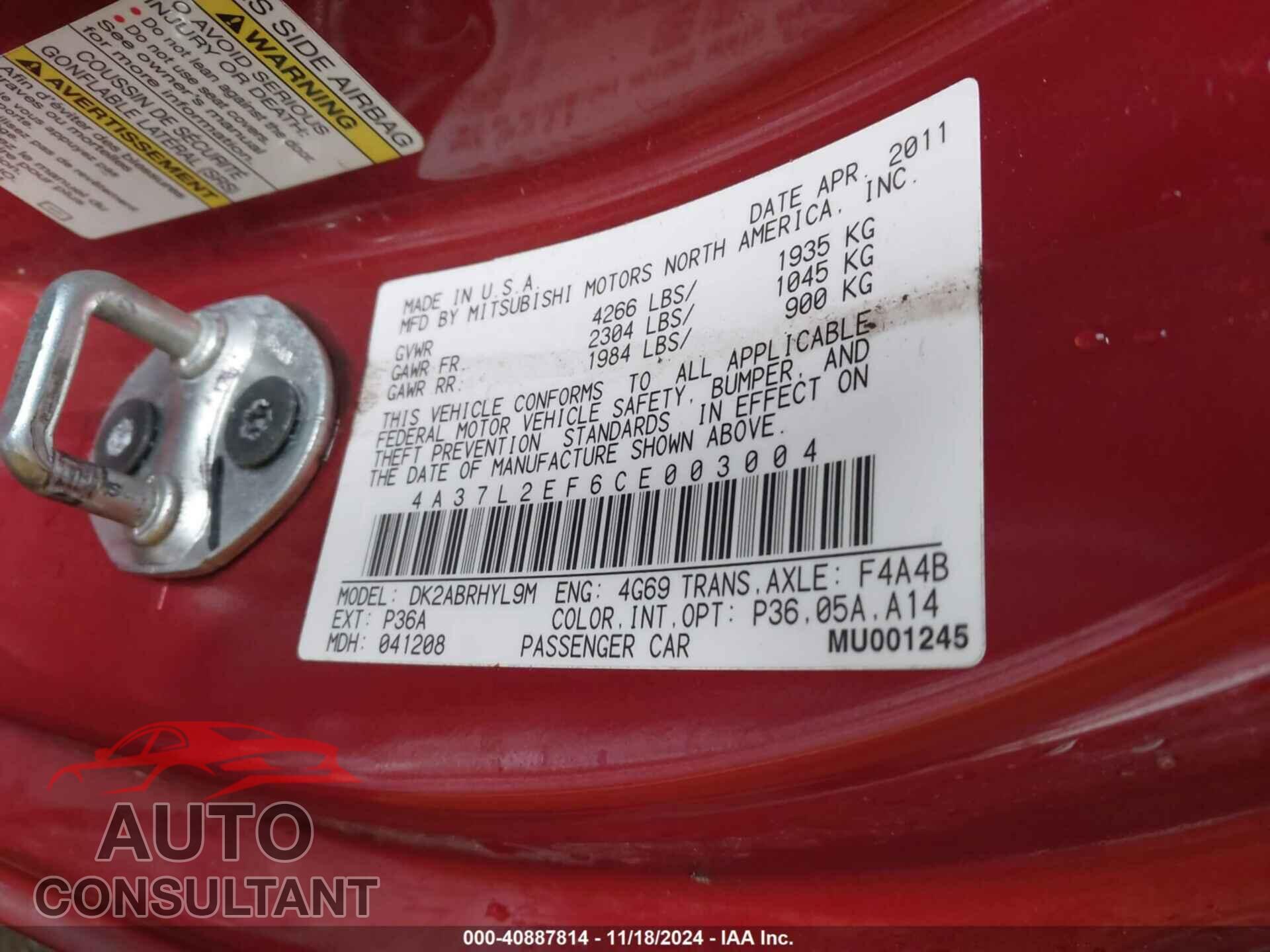 MITSUBISHI ECLIPSE SPYDER 2012 - 4A37L2EF6CE003004