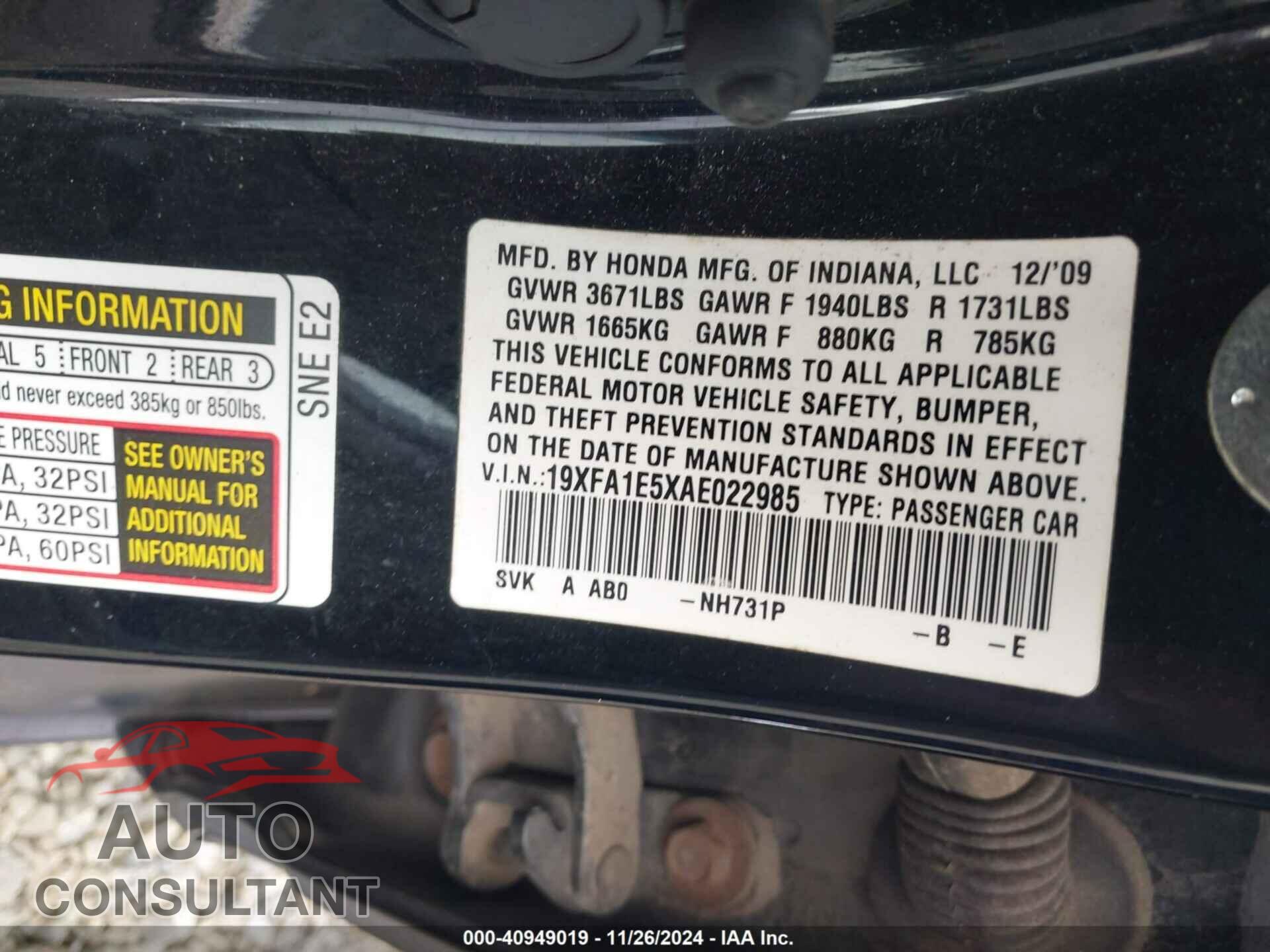 HONDA CIVIC 2010 - 19XFA1E5XAE022985