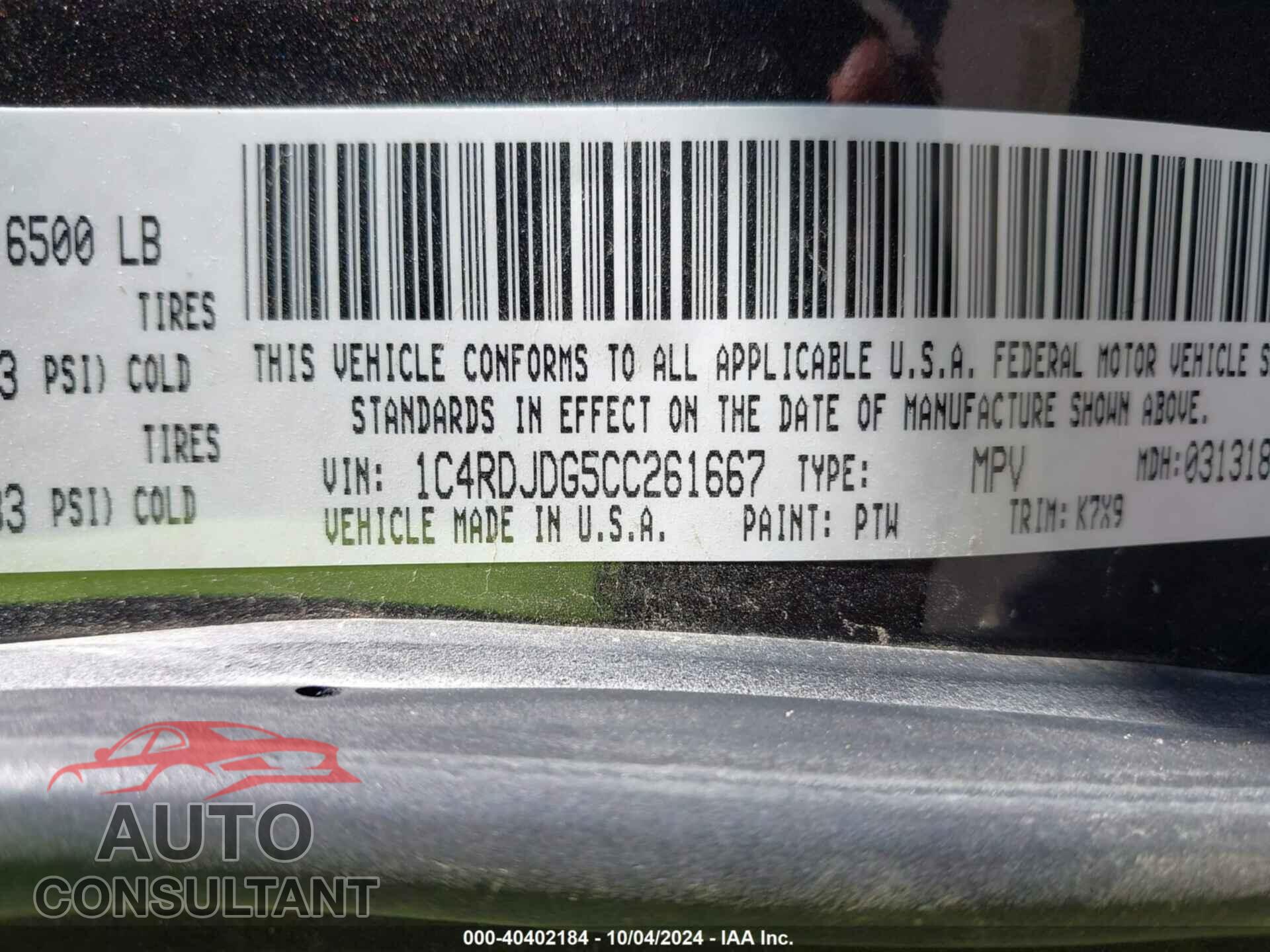 DODGE DURANGO 2012 - 1C4RDJDG5CC261667