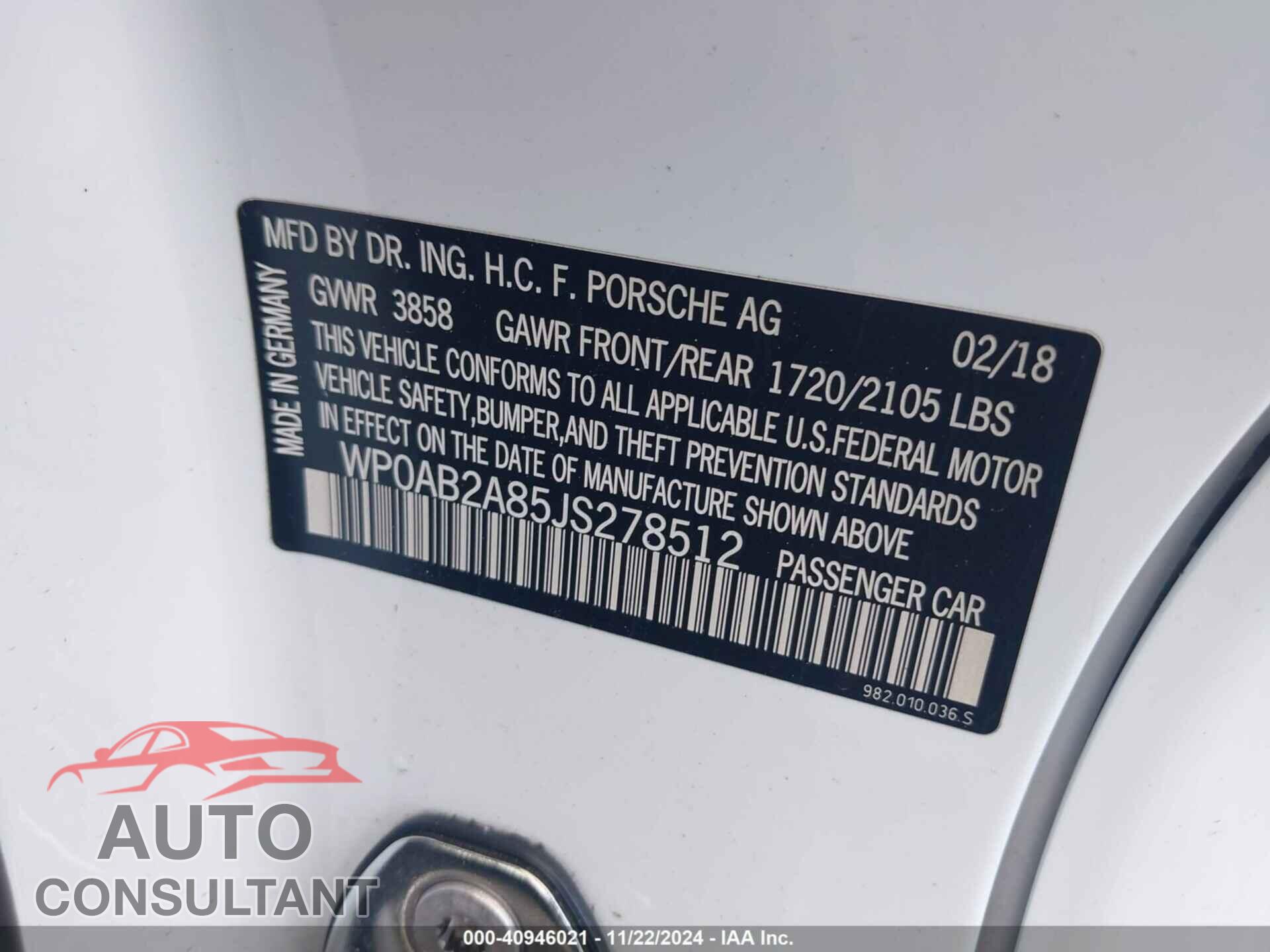 PORSCHE 718 CAYMAN 2018 - WP0AB2A85JS278512