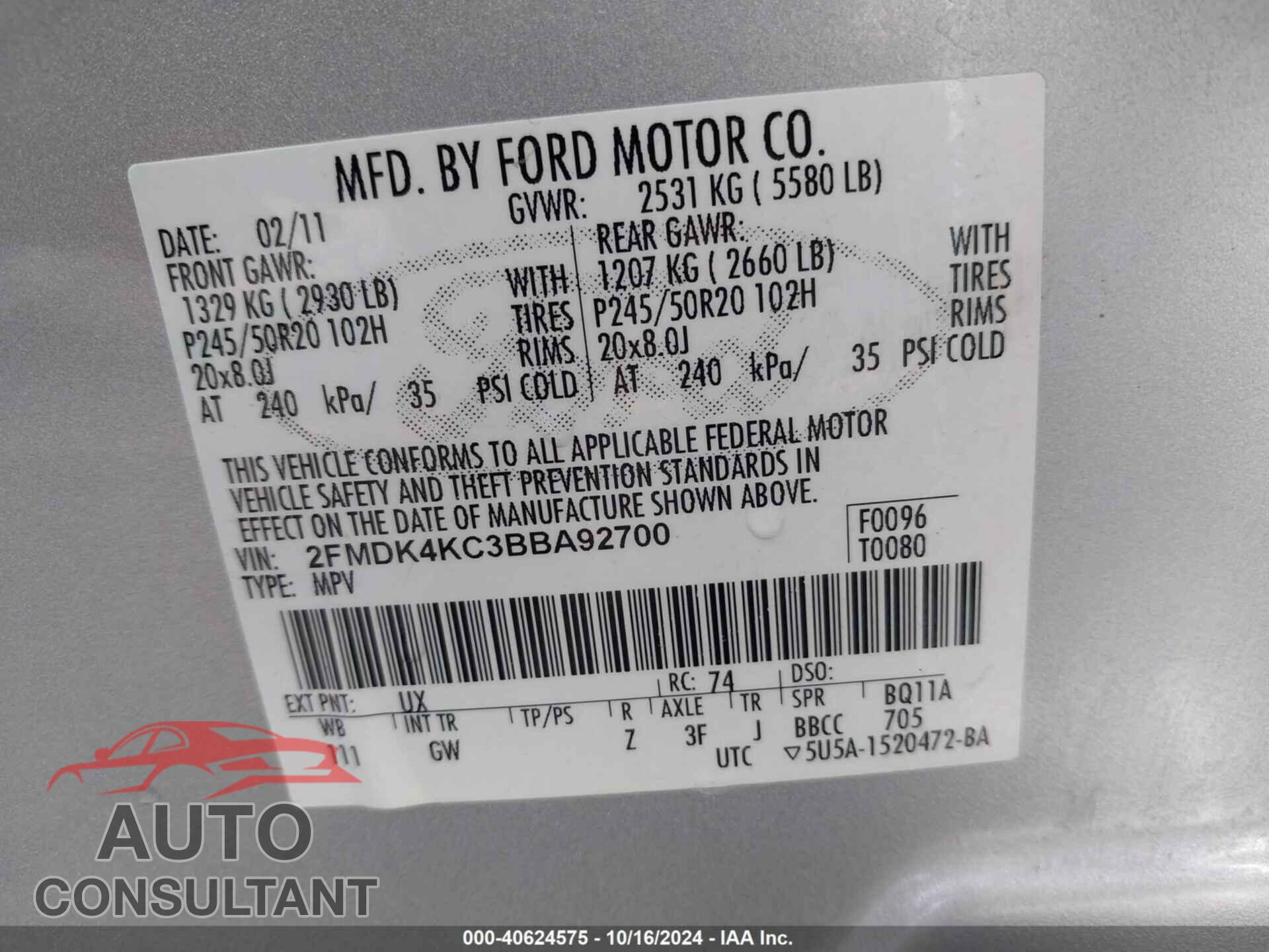 FORD EDGE 2011 - 2FMDK4KC3BBA92700