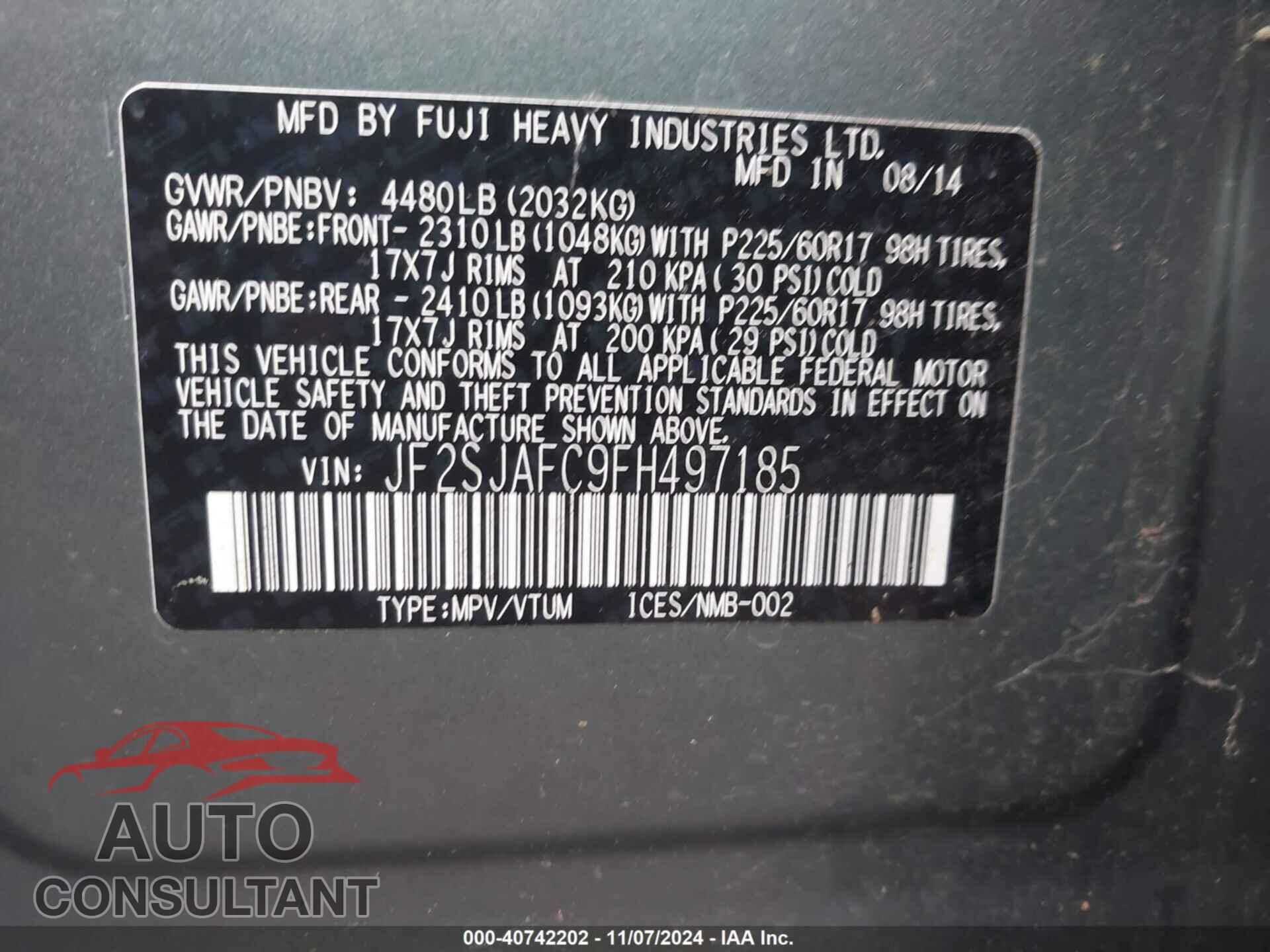 SUBARU FORESTER 2015 - JF2SJAFC9FH497185