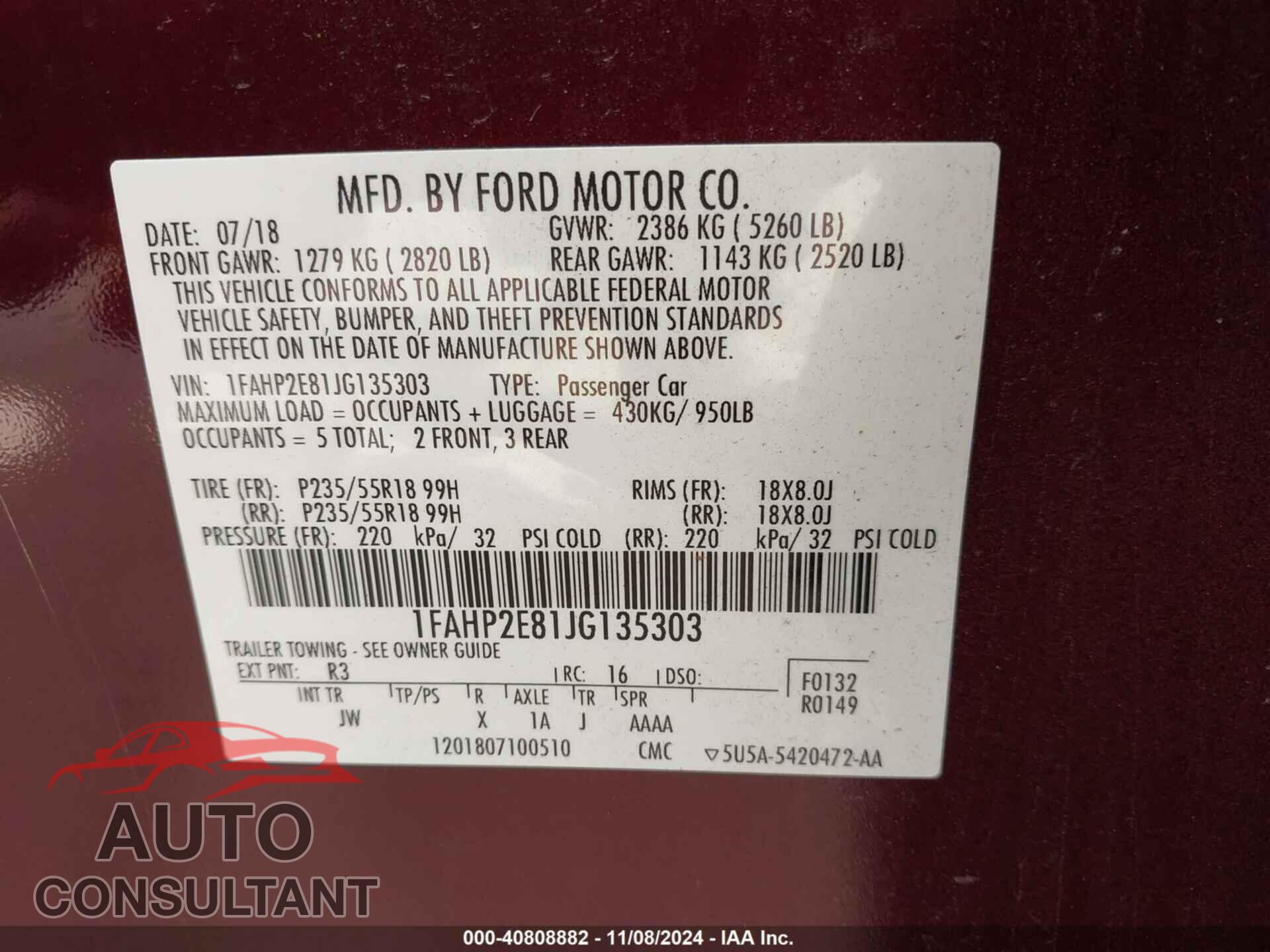 FORD TAURUS 2018 - 1FAHP2E81JG135303