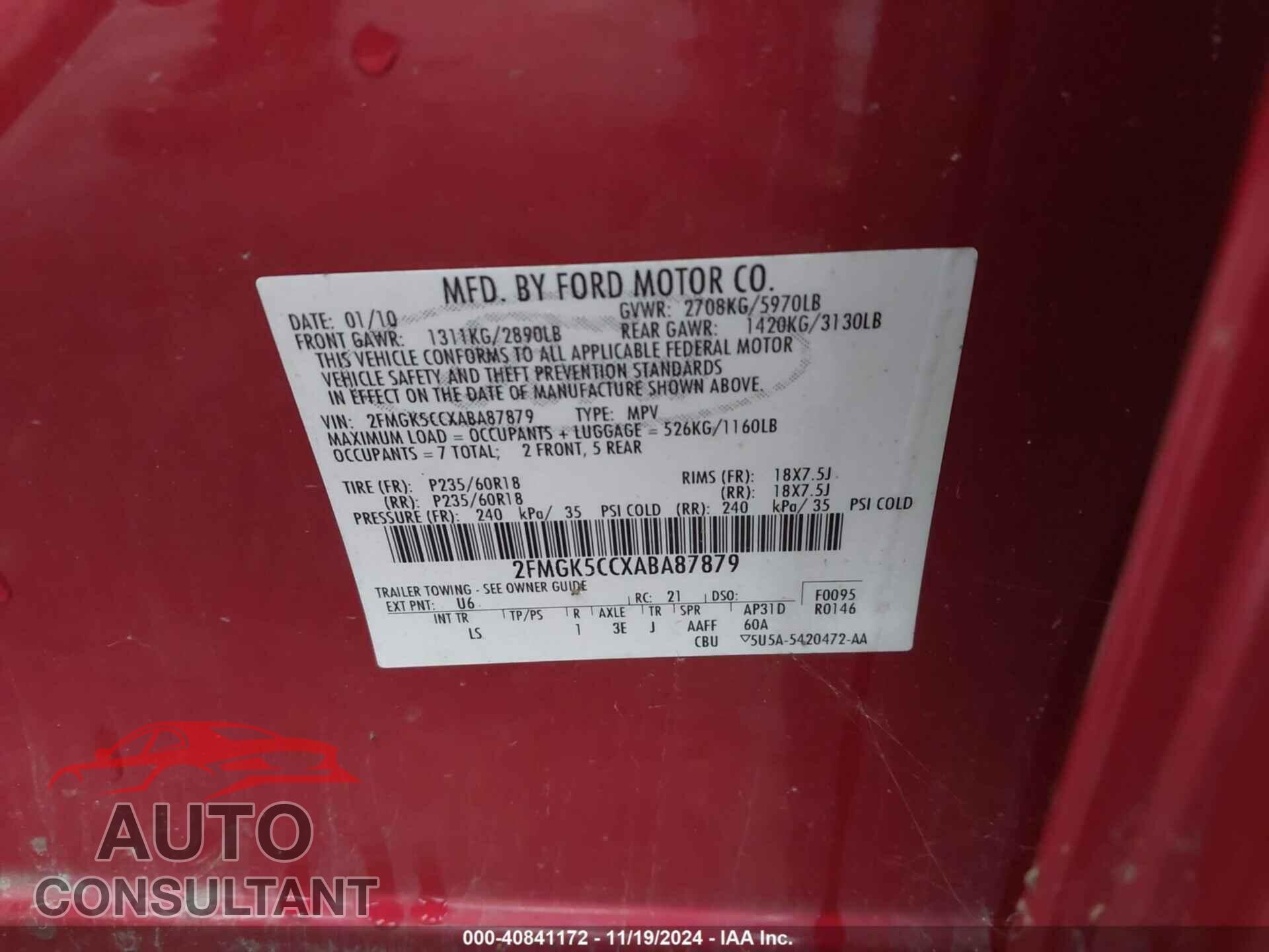 FORD FLEX 2010 - 2FMGK5CCXABA87879