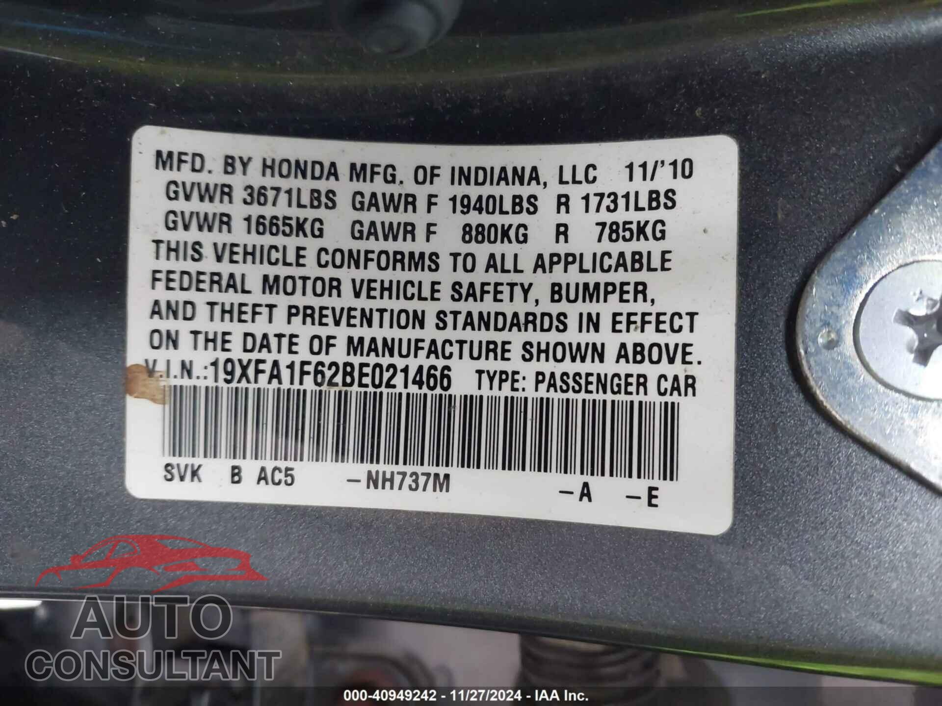 HONDA CIVIC 2011 - 19XFA1F62BE021466