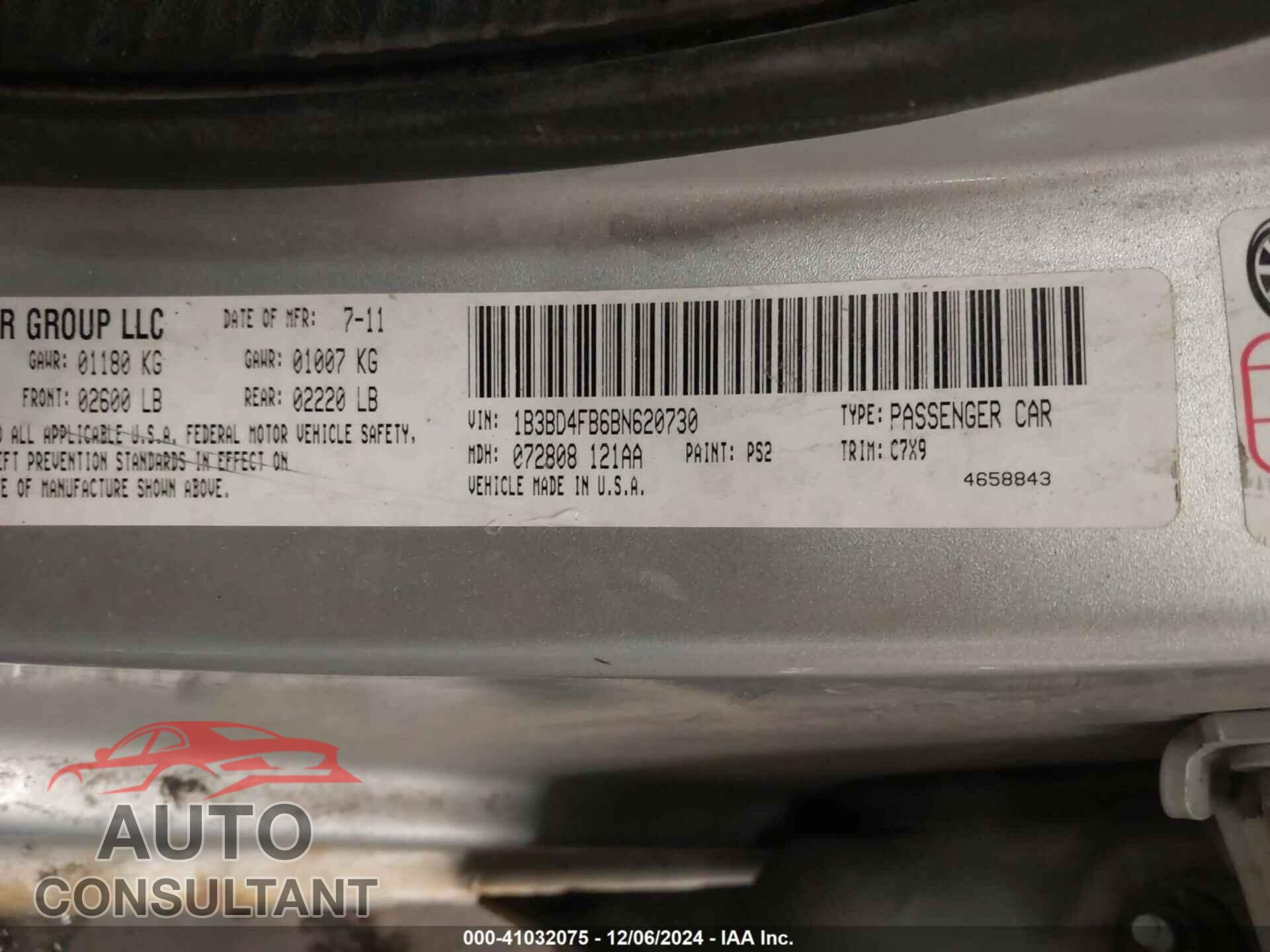 DODGE AVENGER 2011 - 1B3BD4FB6BN620730