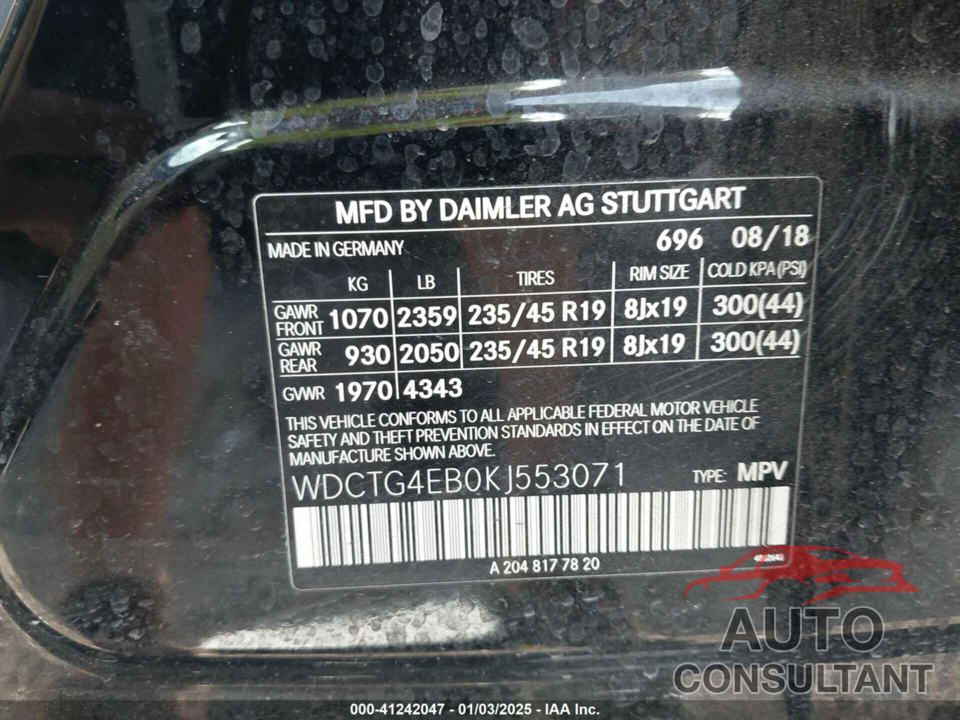 MERCEDES-BENZ GLA 250 2019 - WDCTG4EB0KJ553071