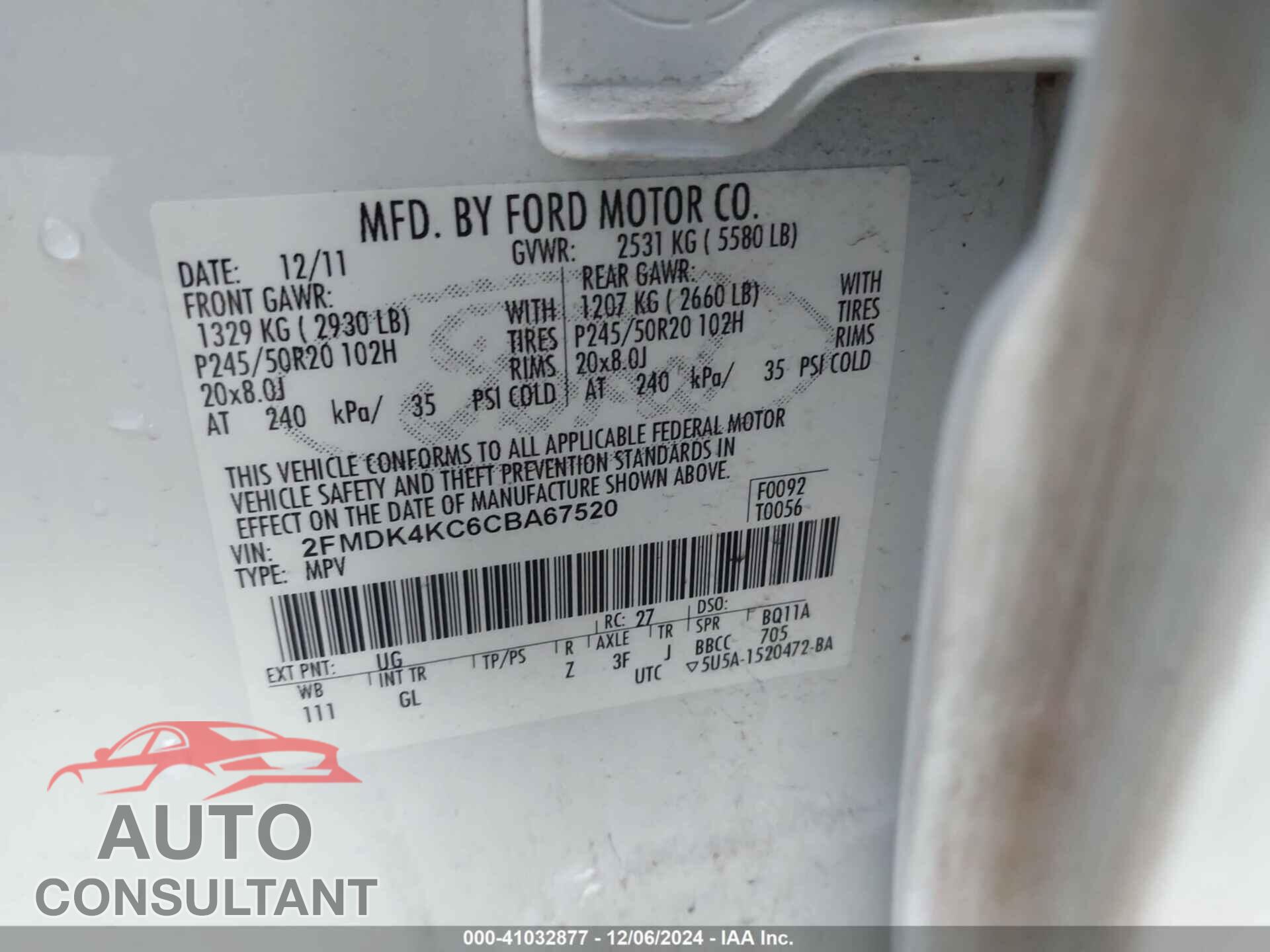 FORD EDGE 2012 - 2FMDK4KC6CBA67520