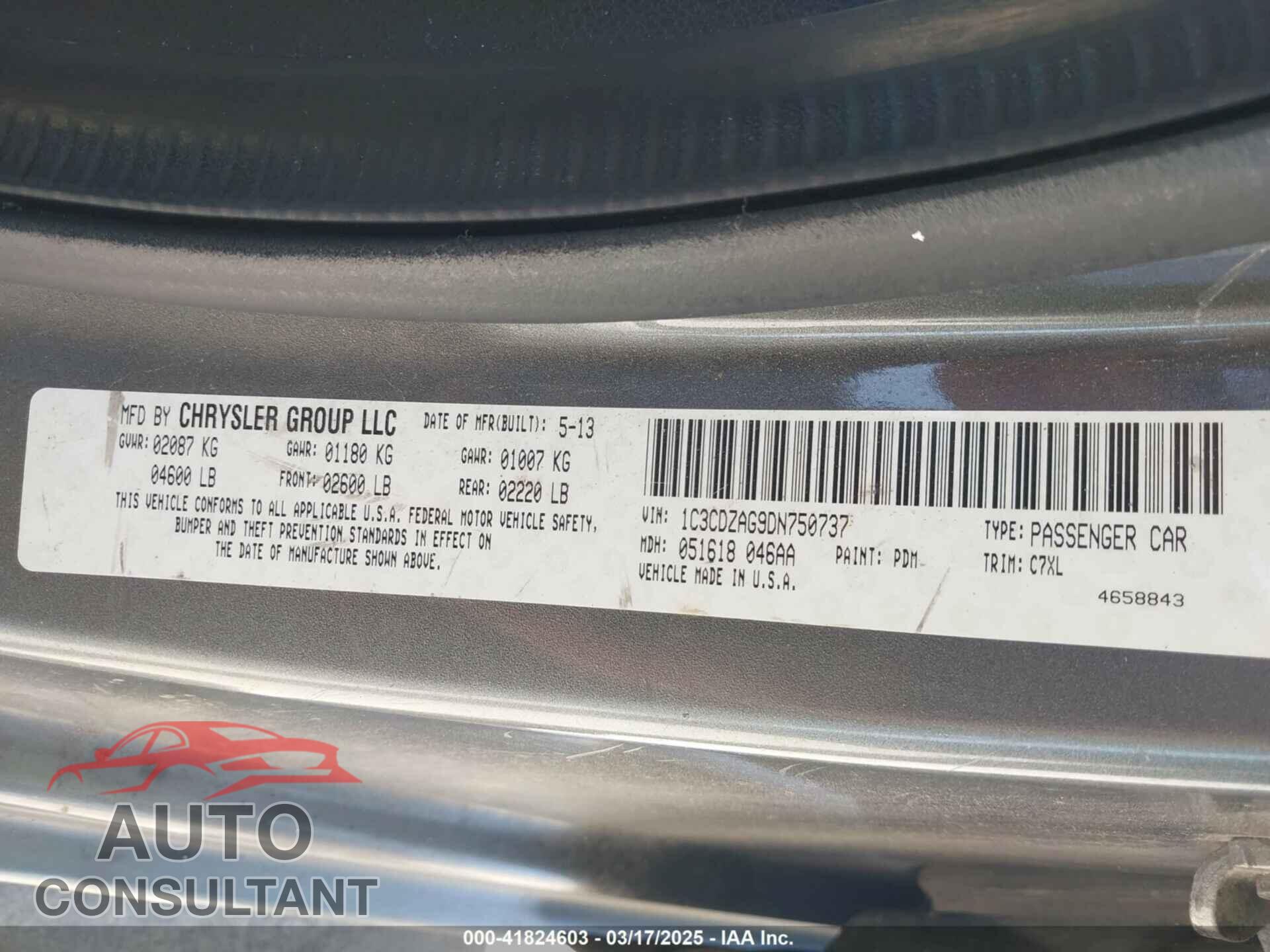 DODGE AVENGER 2013 - 1C3CDZAG9DN750737