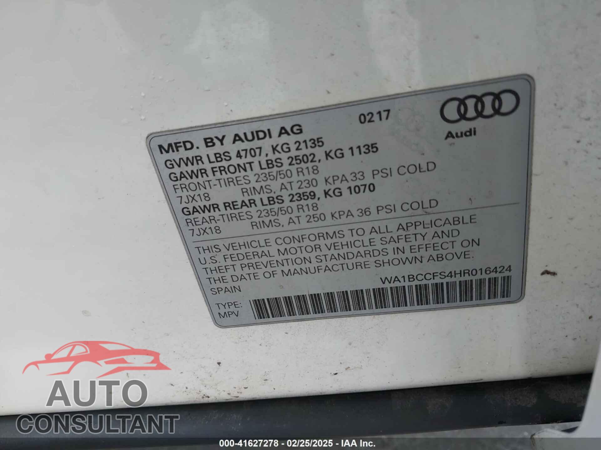 AUDI Q3 2017 - WA1BCCFS4HR016424