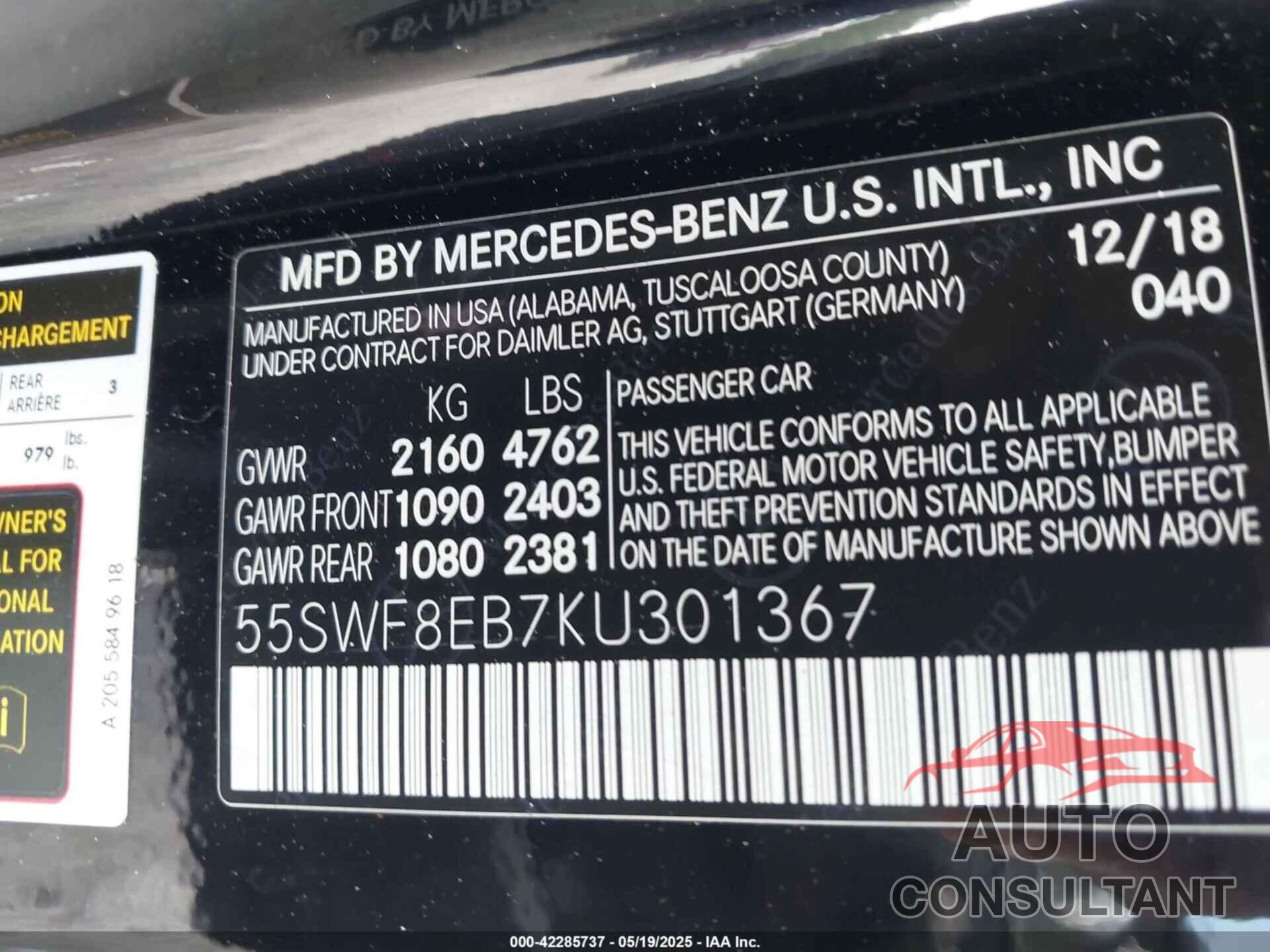 MERCEDES-BENZ C 300 2019 - 55SWF8EB7KU301367