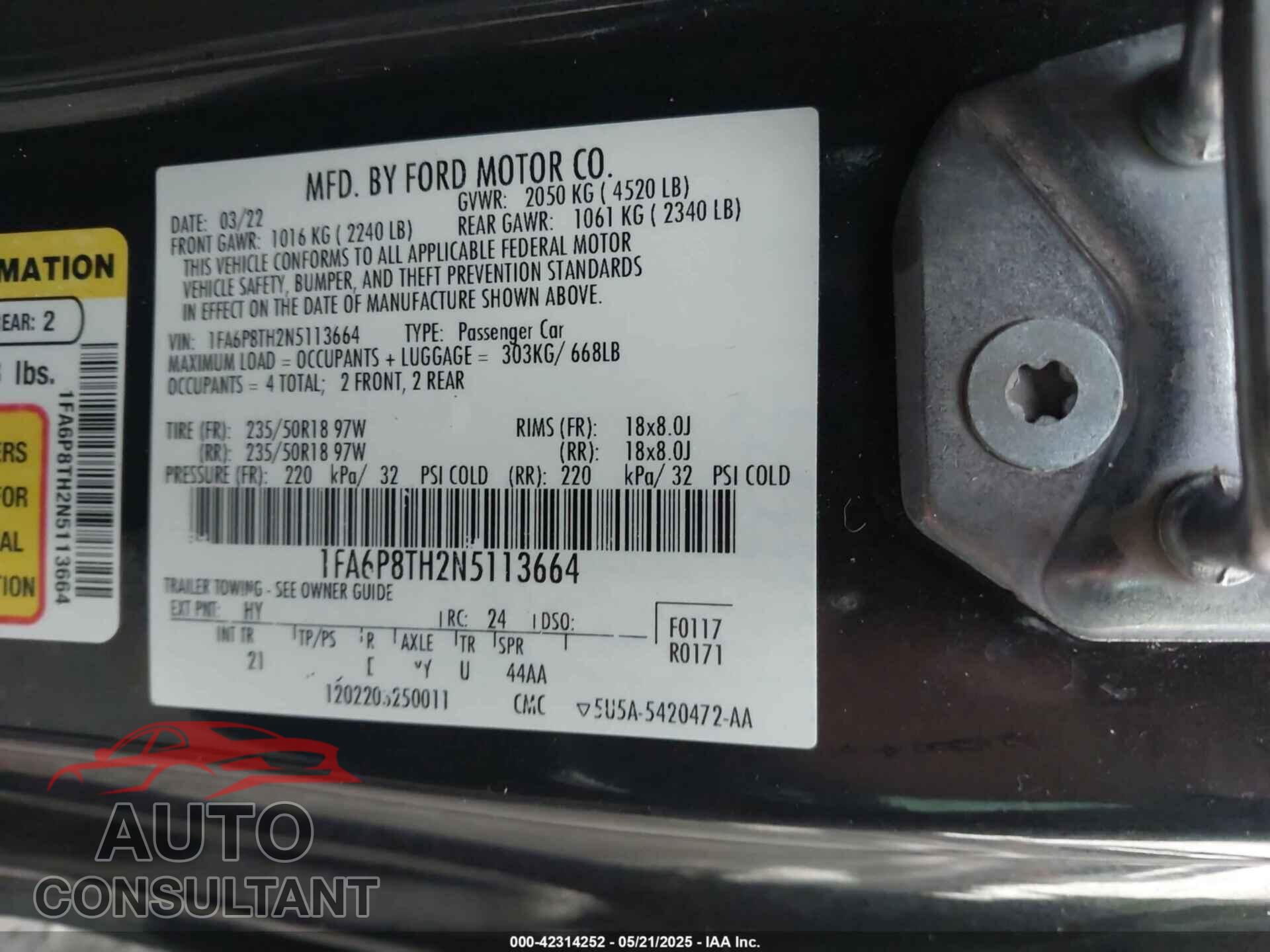 FORD MUSTANG 2022 - 1FA6P8TH2N5113664