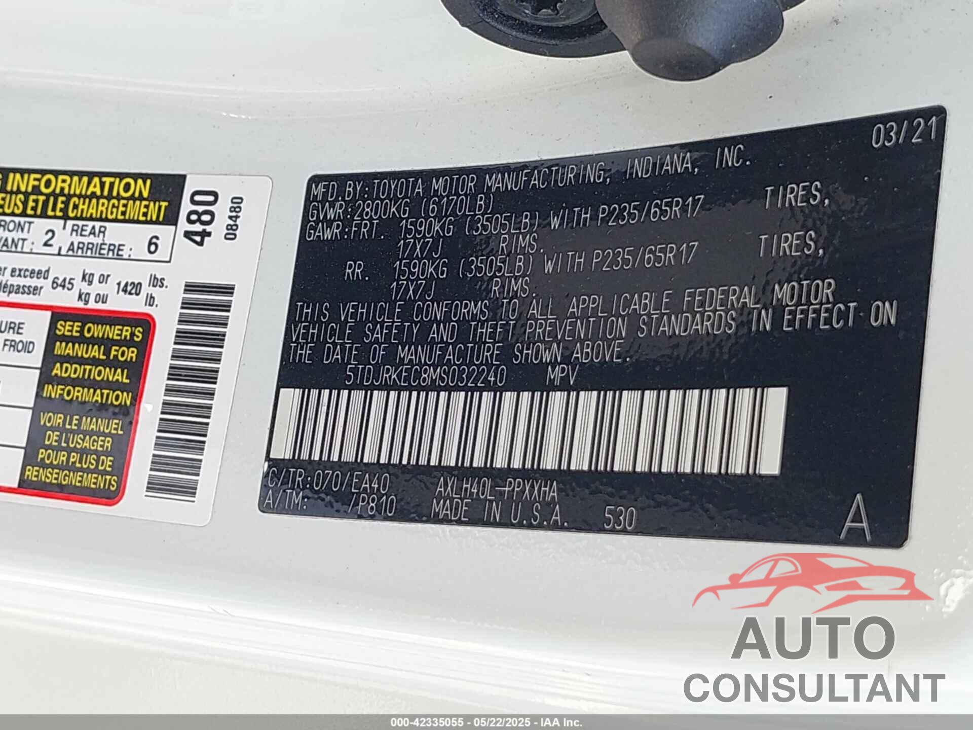 TOYOTA SIENNA 2021 - 5TDJRKEC8MS032240