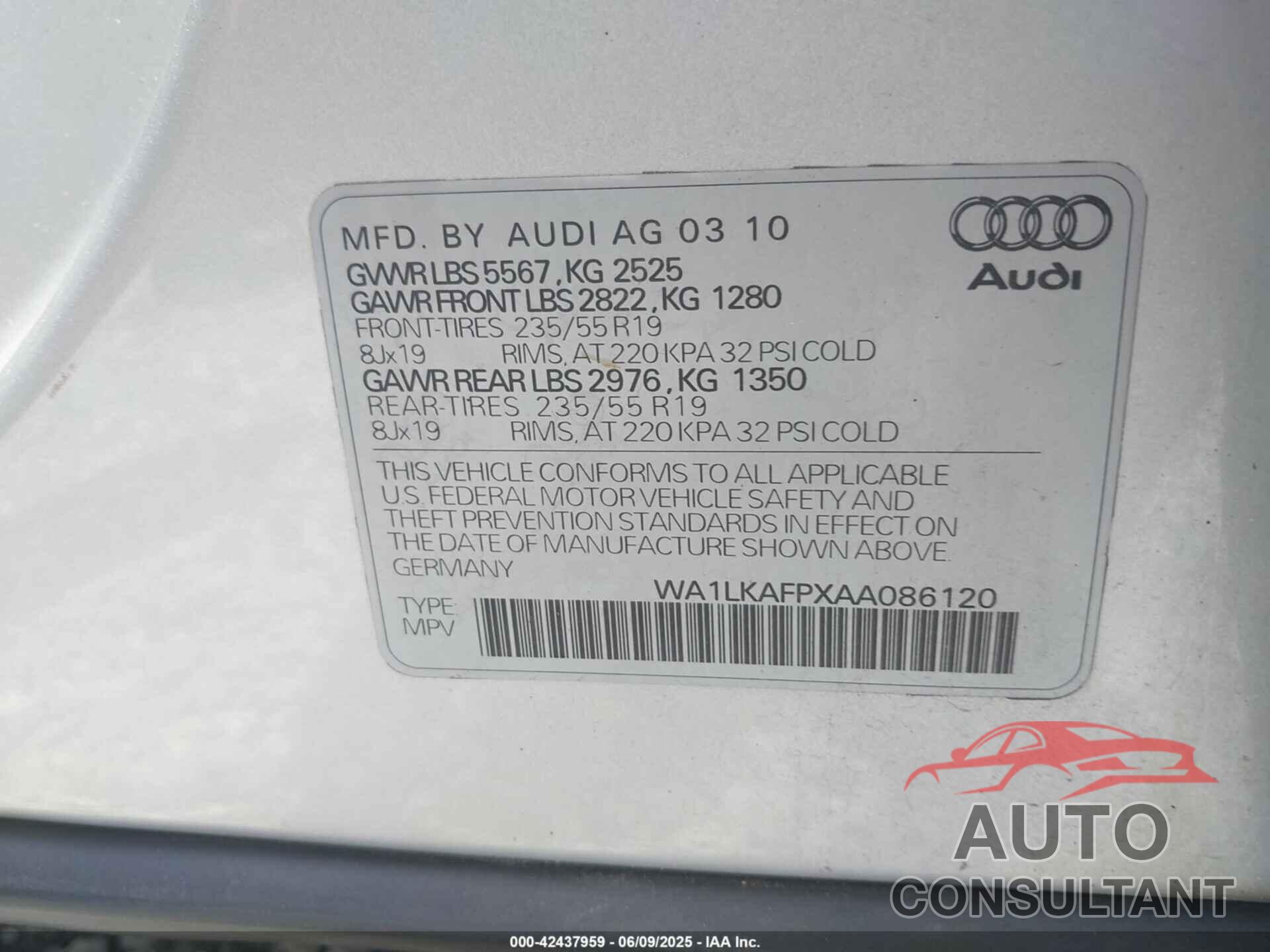 AUDI Q5 2010 - WA1LKAFPXAA086120