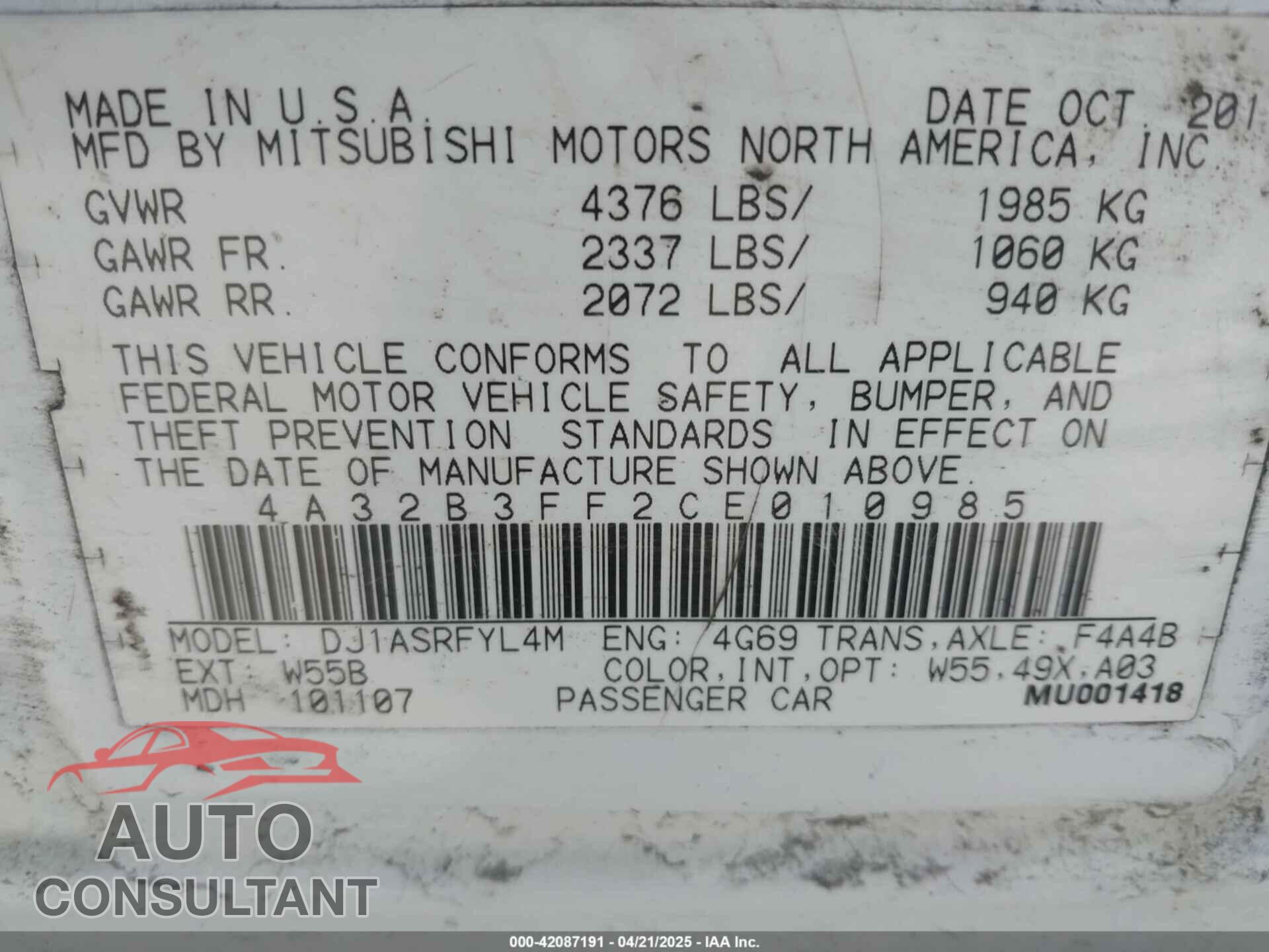 MITSUBISHI GALANT 2012 - 4A32B3FF2CE010985