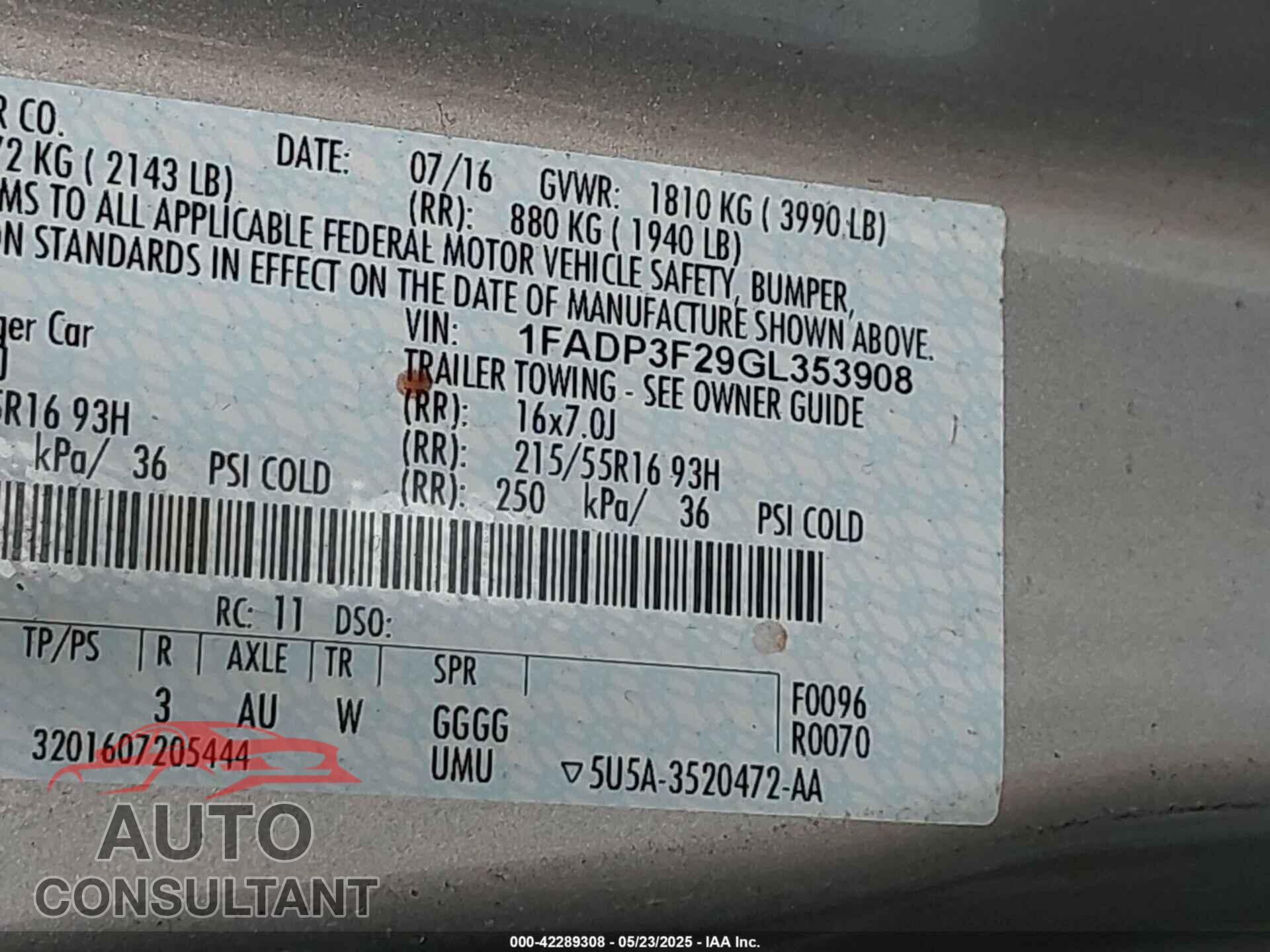 FORD FOCUS 2016 - 1FADP3F29GL353908
