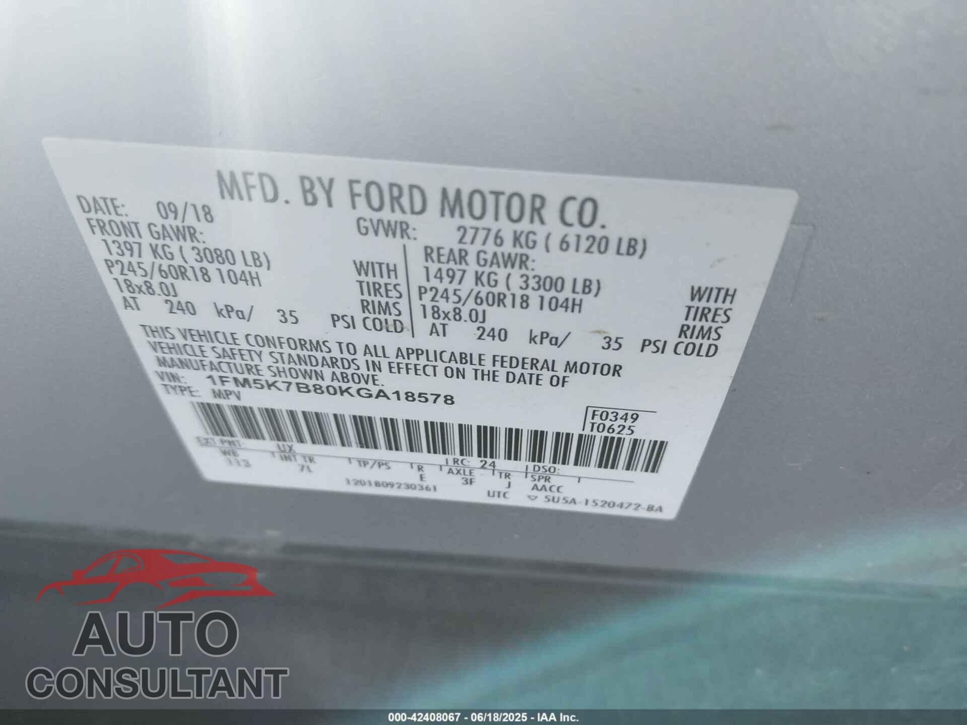 FORD EXPLORER 2019 - 1FM5K7B80KGA18578