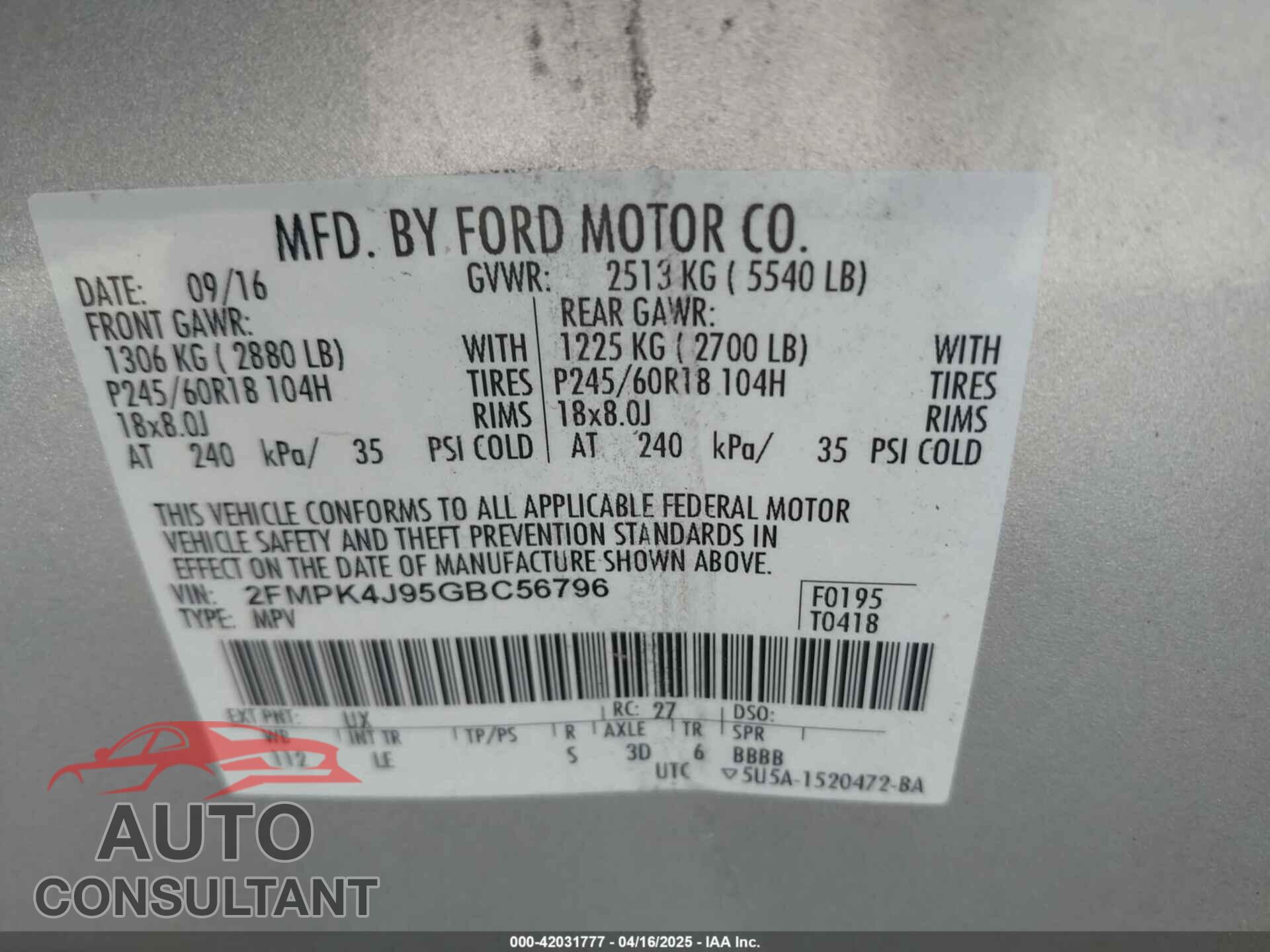 FORD EDGE 2016 - 2FMPK4J95GBC56796