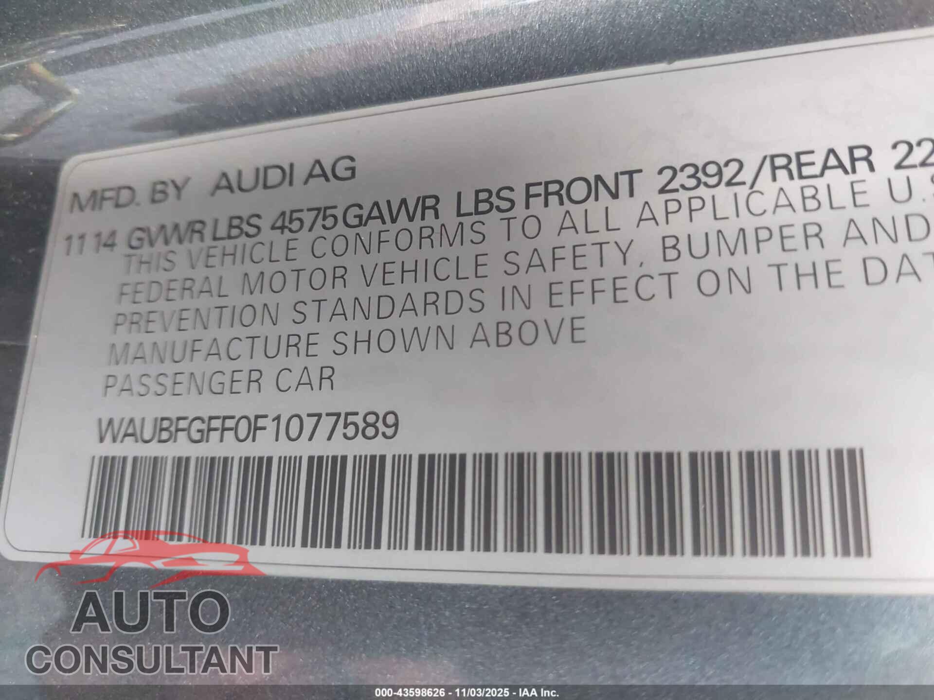 AUDI A3 2015 - WAUBFGFF0F1077589
