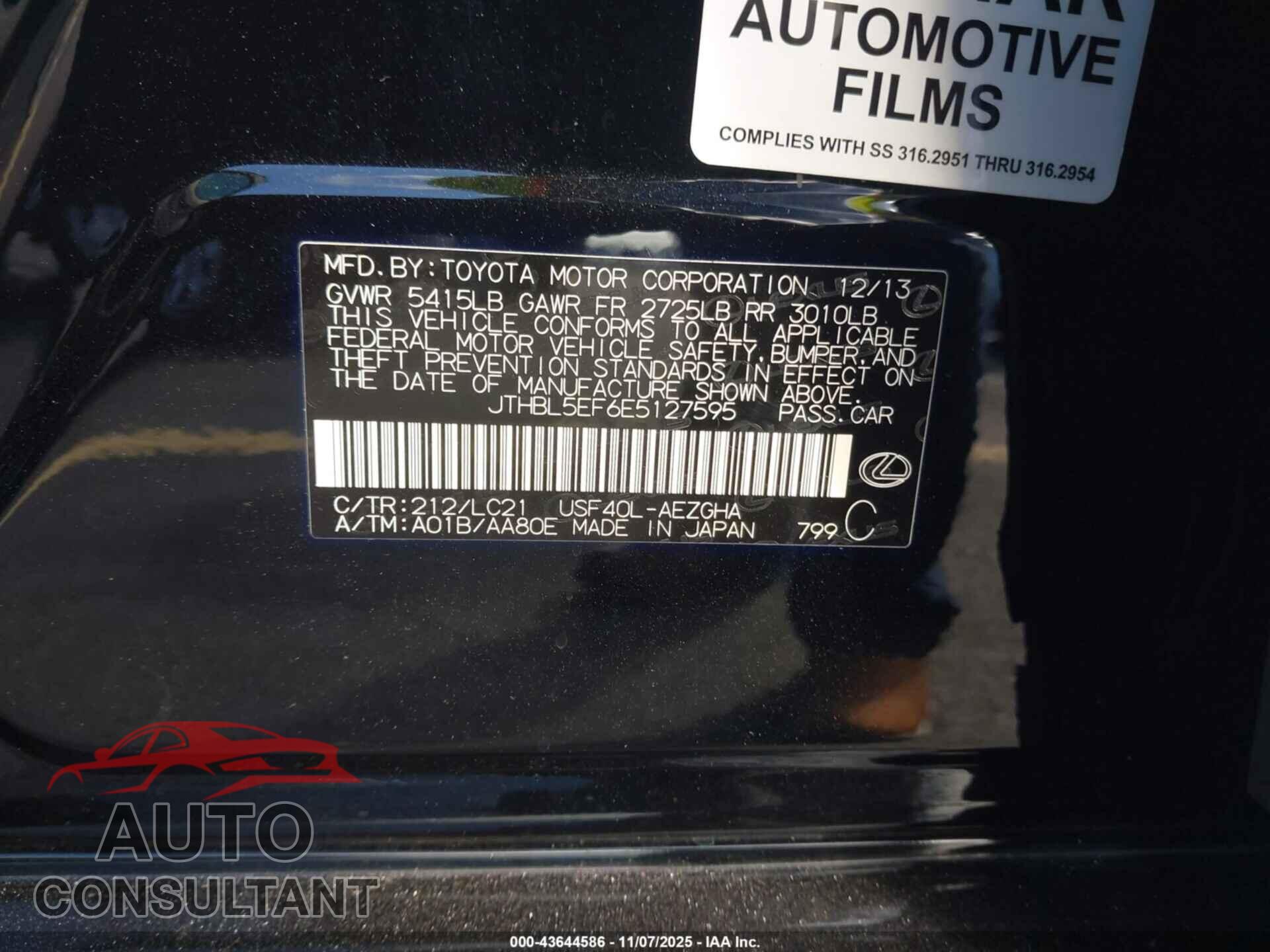 LEXUS LS 460 2014 - JTHBL5EF6E5127595