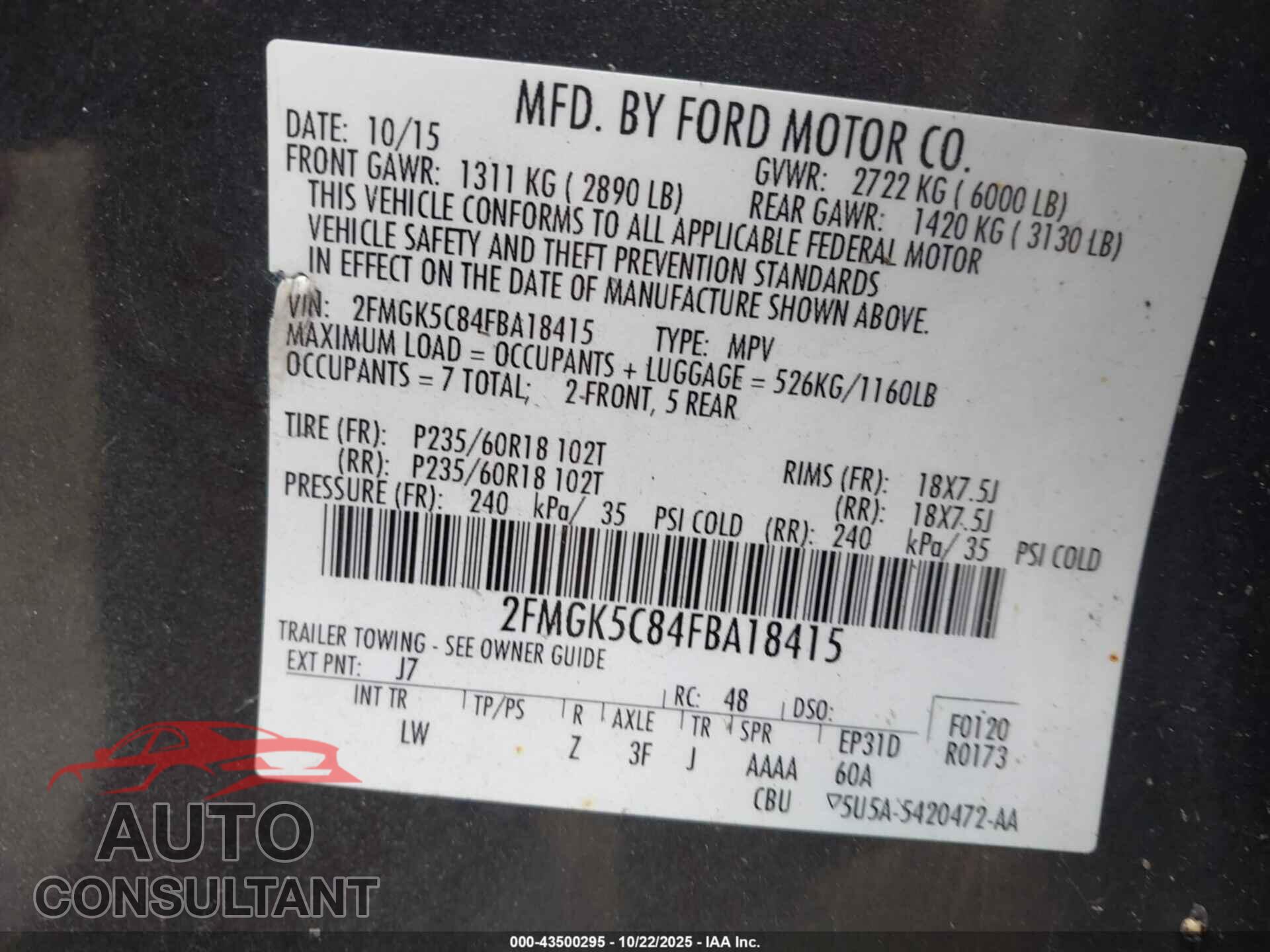 FORD FLEX 2015 - 2FMGK5C84FBA18415