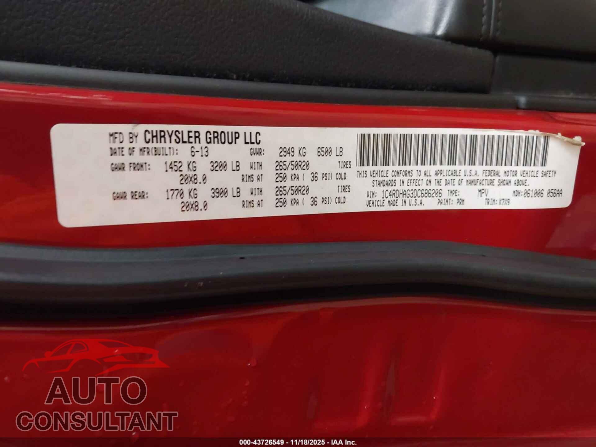 DODGE DURANGO 2013 - 1C4RDHAG3DC686206
