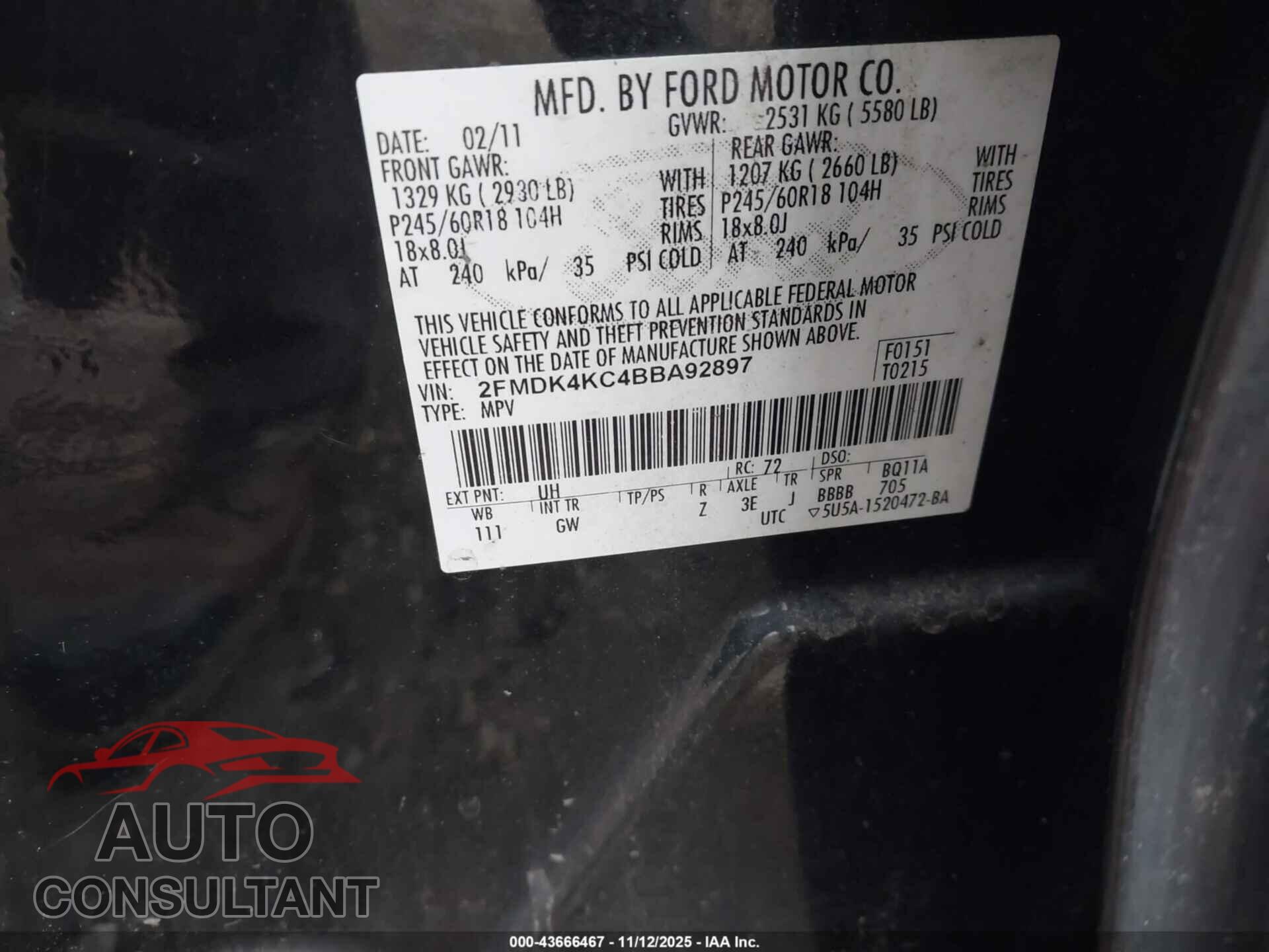 FORD EDGE 2011 - 2FMDK4KC4BBA92897