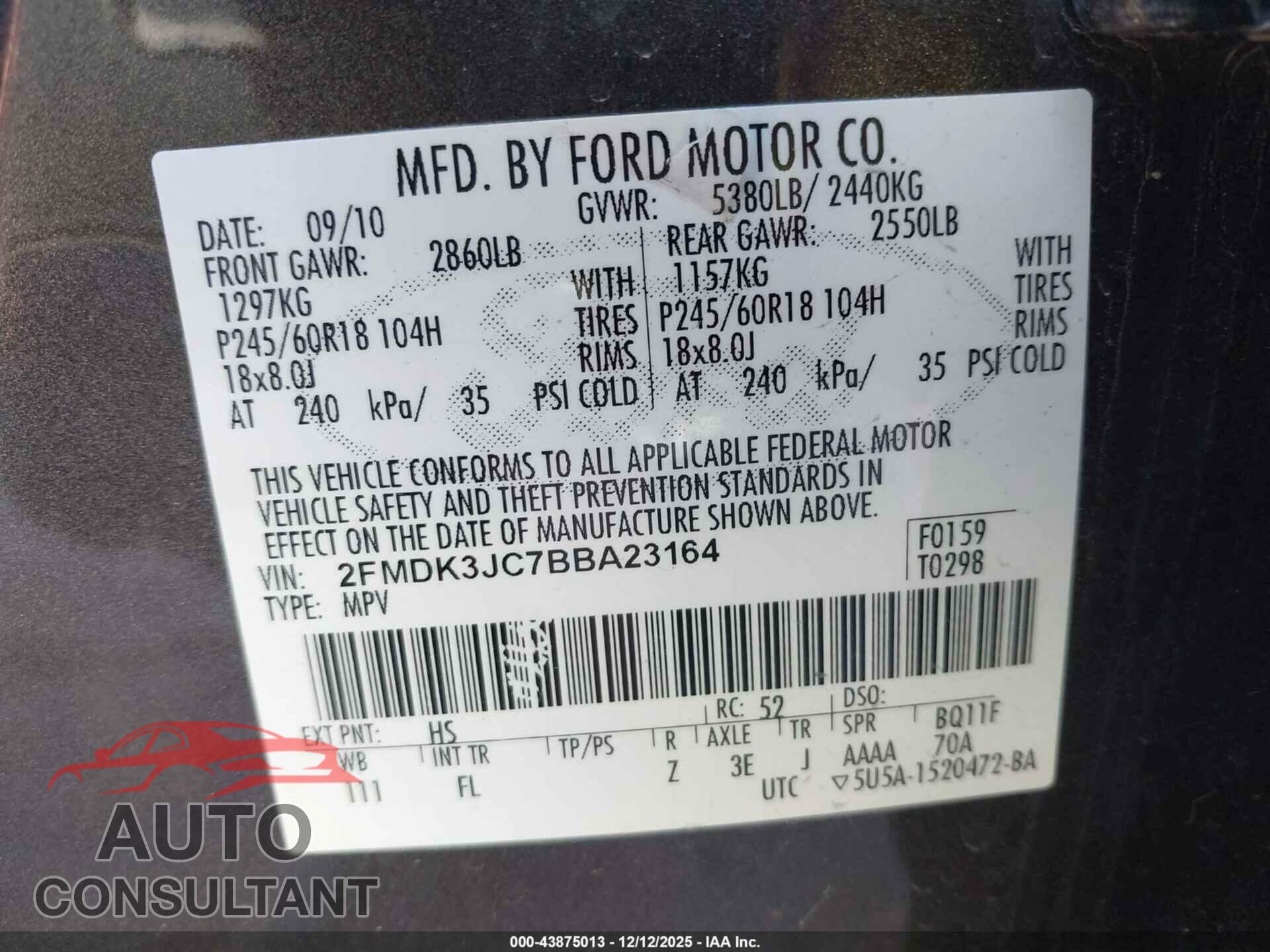FORD EDGE 2011 - 2FMDK3JC7BBA23164