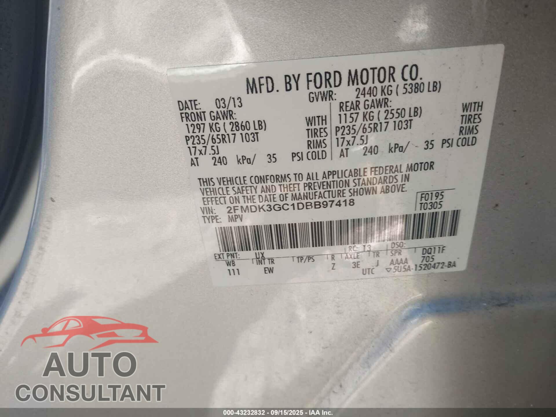 FORD EDGE 2013 - 2FMDK3GC1DBB97418