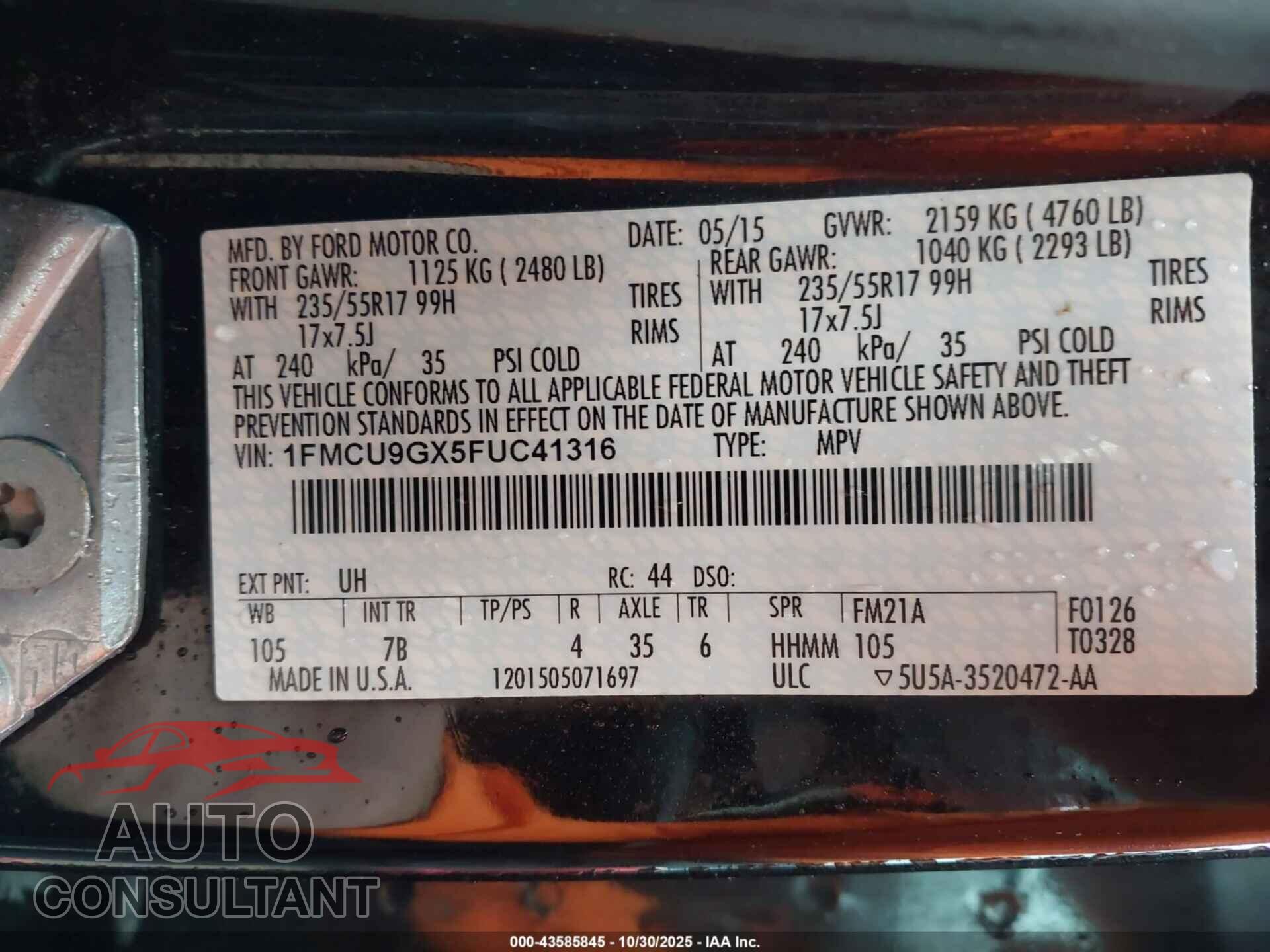 FORD ESCAPE 2015 - 1FMCU9GX5FUC41316