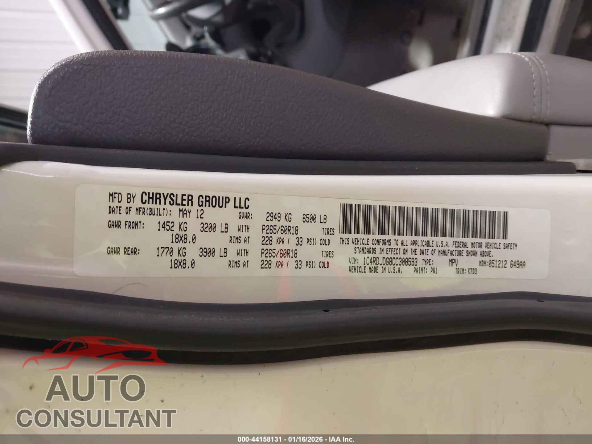 DODGE DURANGO 2012 - 1C4RDJDG8CC308593