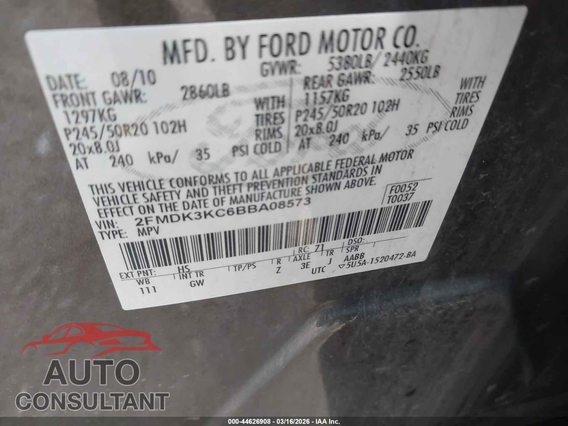 FORD EDGE 2011 - 2FMDK3KC6BBA08573