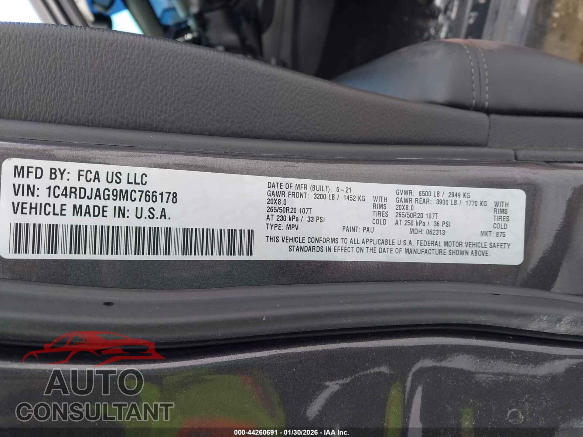 DODGE DURANGO 2021 - 1C4RDJAG9MC766178