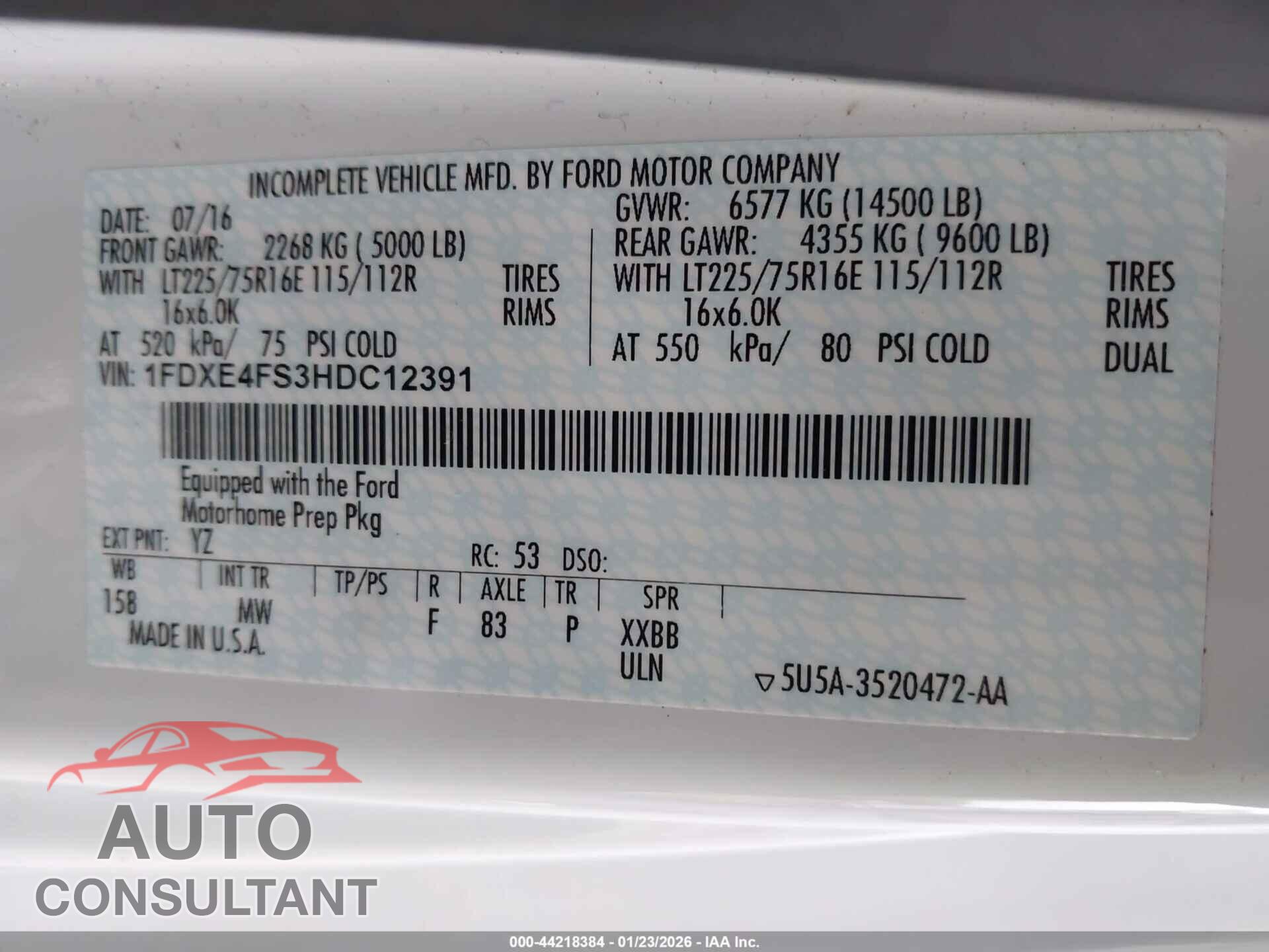 FORD E-450 CUTAWAY 2017 - 1FDXE4FS3HDC12391