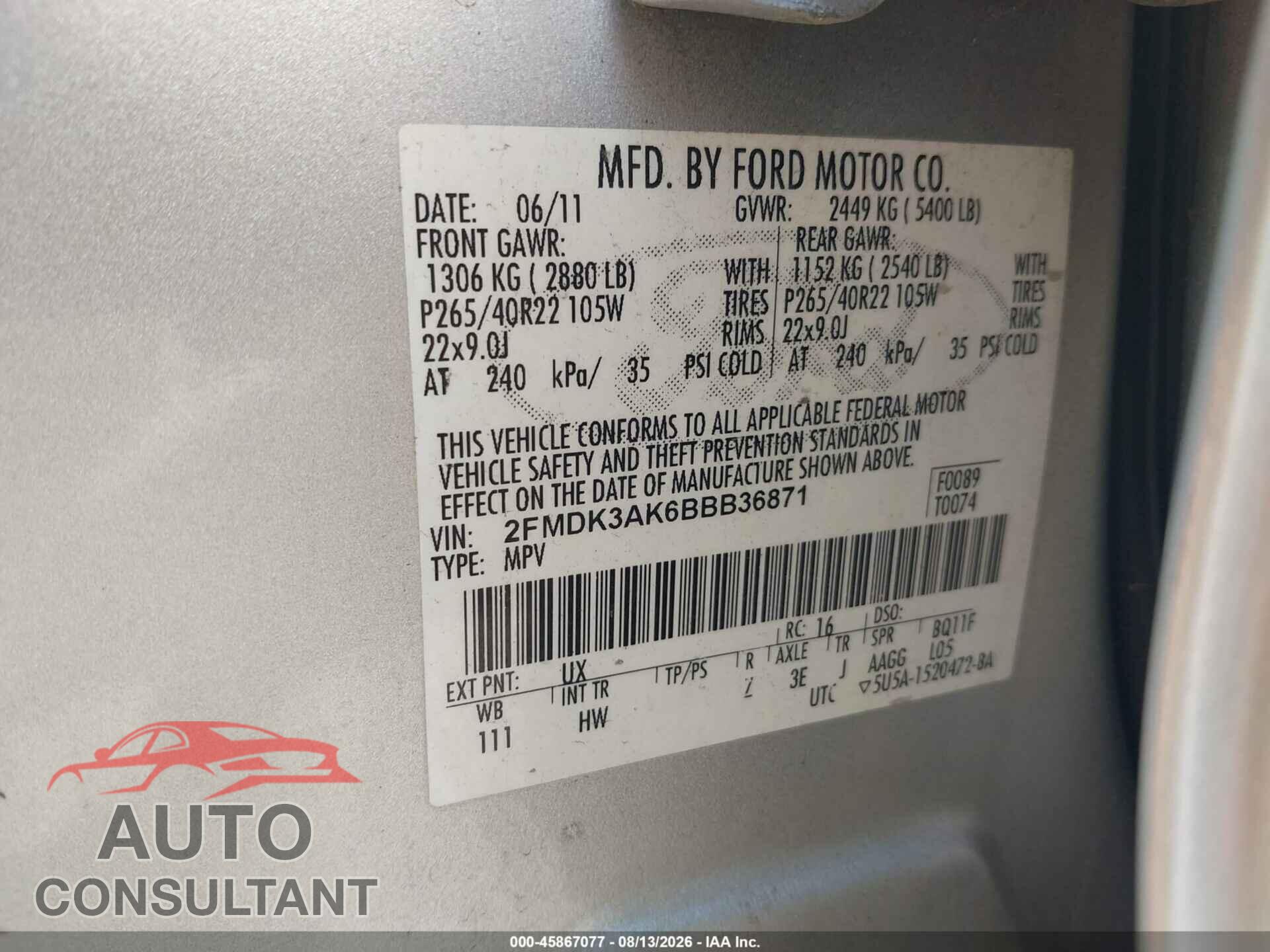 FORD EDGE 2011 - 2FMDK3AK6BBB36871