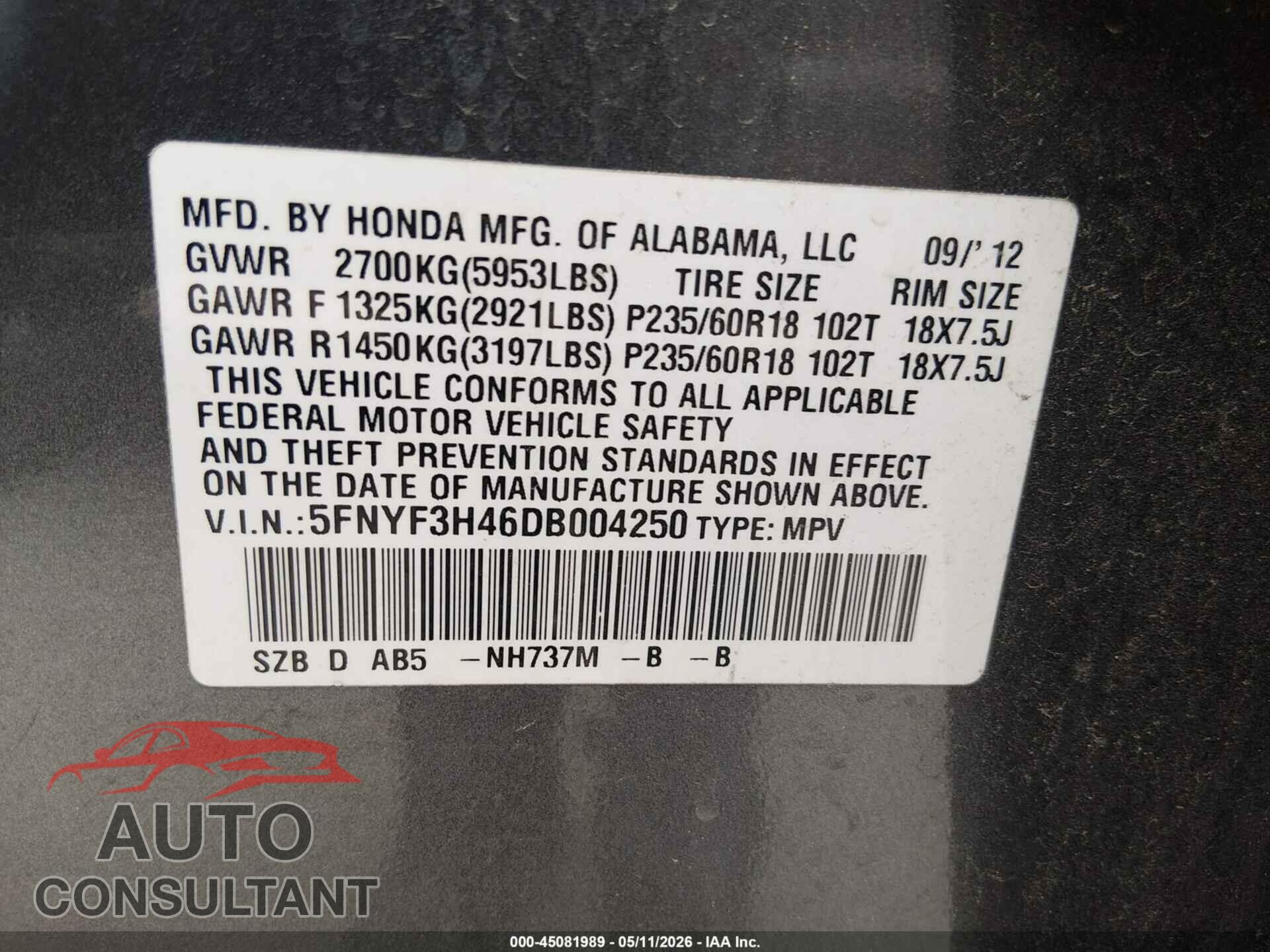HONDA PILOT 2013 - 5FNYF3H46DB004250