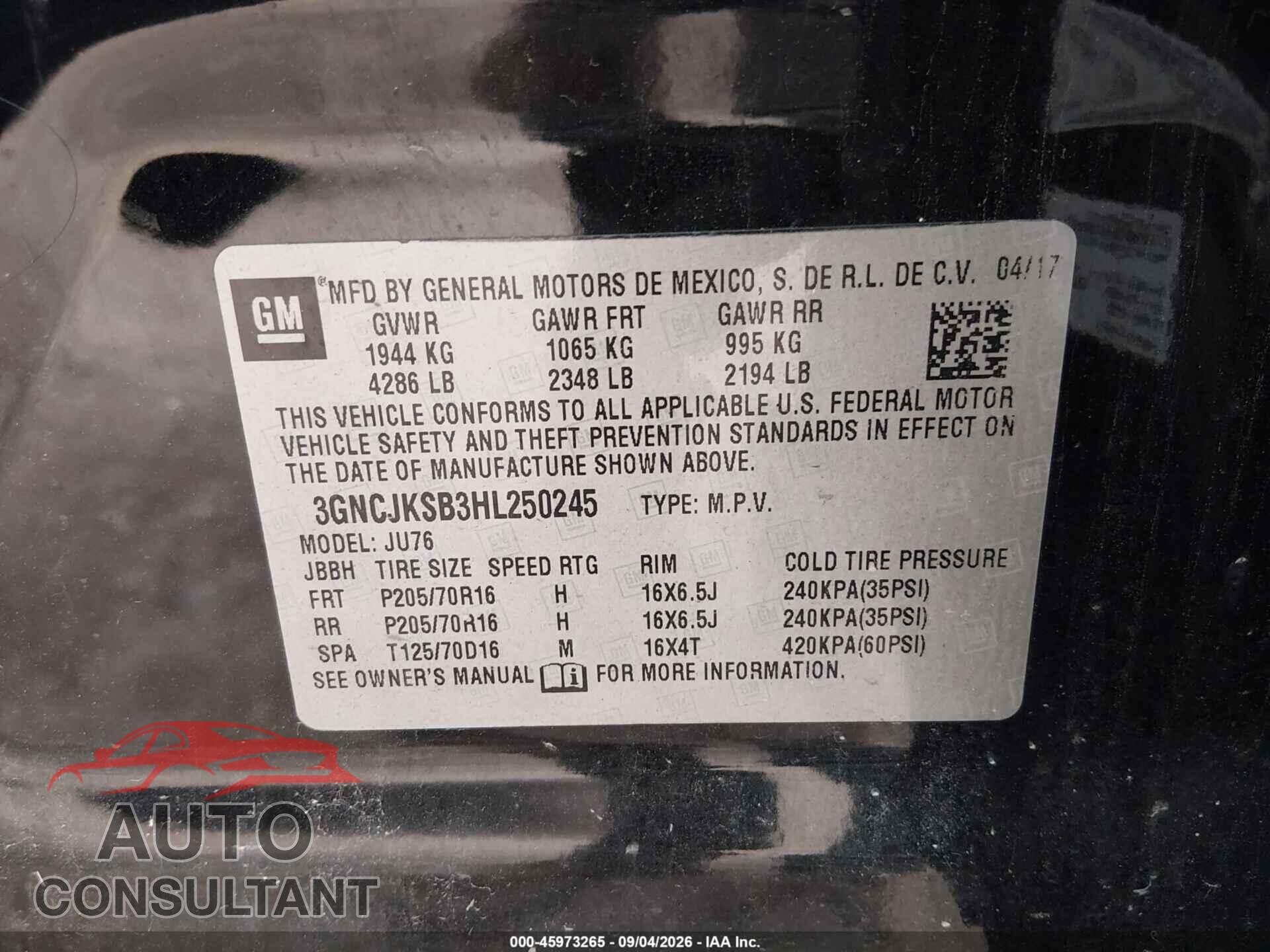 CHEVROLET TRAX 2017 - 3GNCJKSB3HL250245