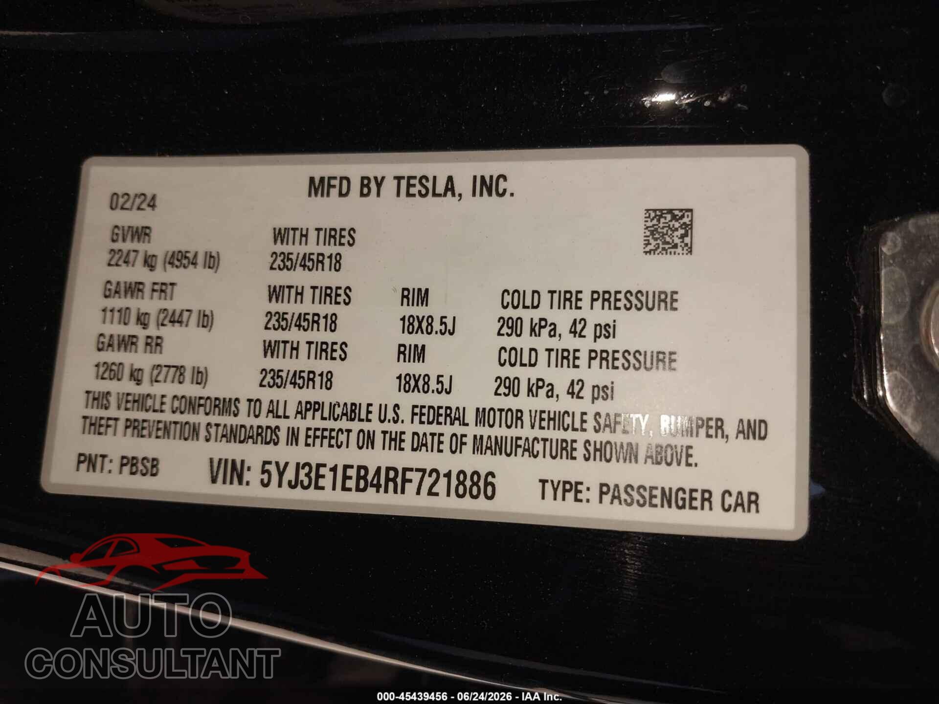 TESLA MODEL 3 2024 - 5YJ3E1EB4RF721886