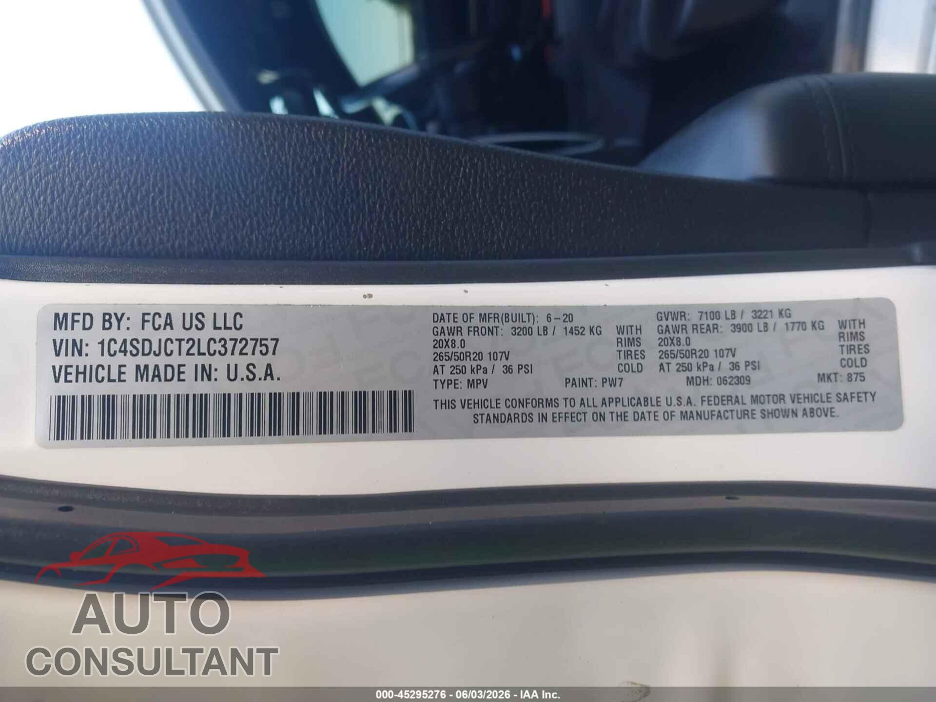 DODGE DURANGO 2020 - 1C4SDJCT2LC372757