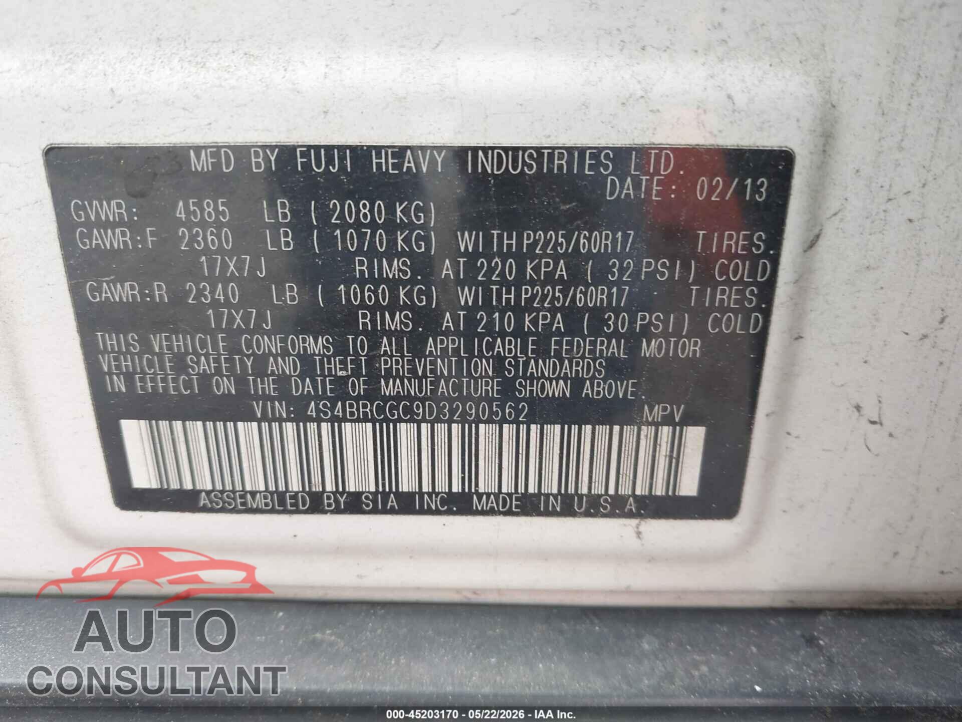 SUBARU OUTBACK 2013 - 4S4BRCGC9D3290562