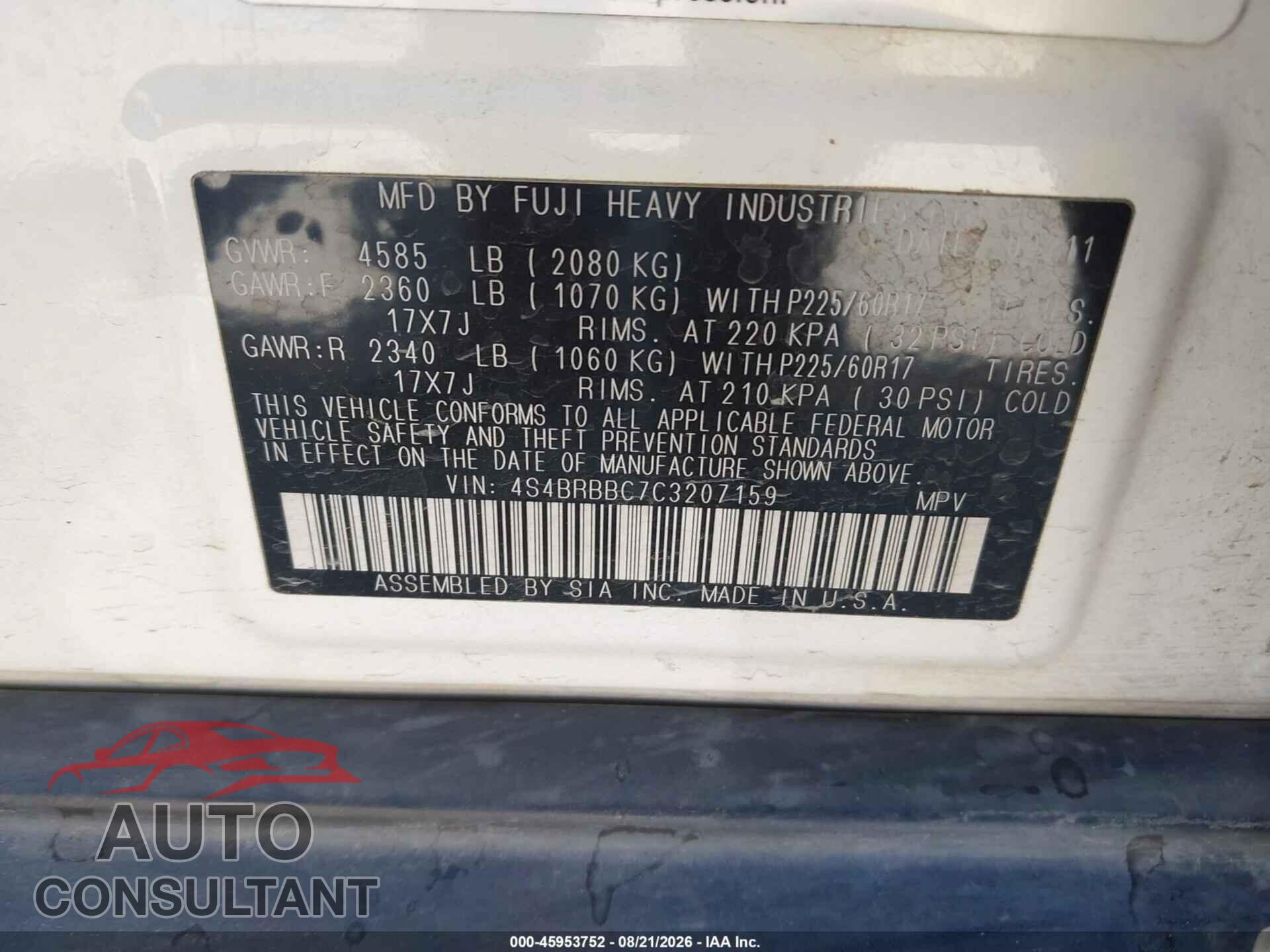 SUBARU OUTBACK 2012 - 4S4BRBBC7C3207159