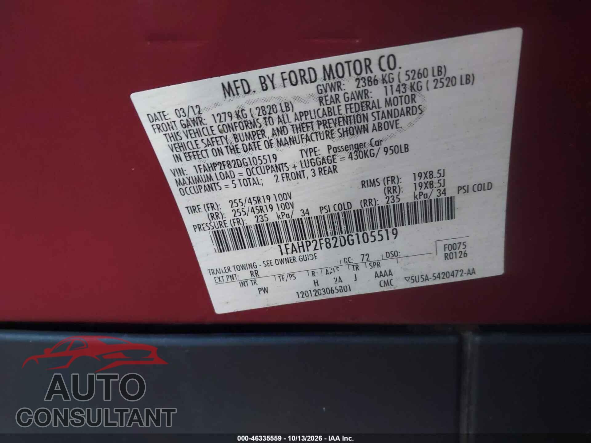 FORD TAURUS 2013 - 1FAHP2F82DG105519