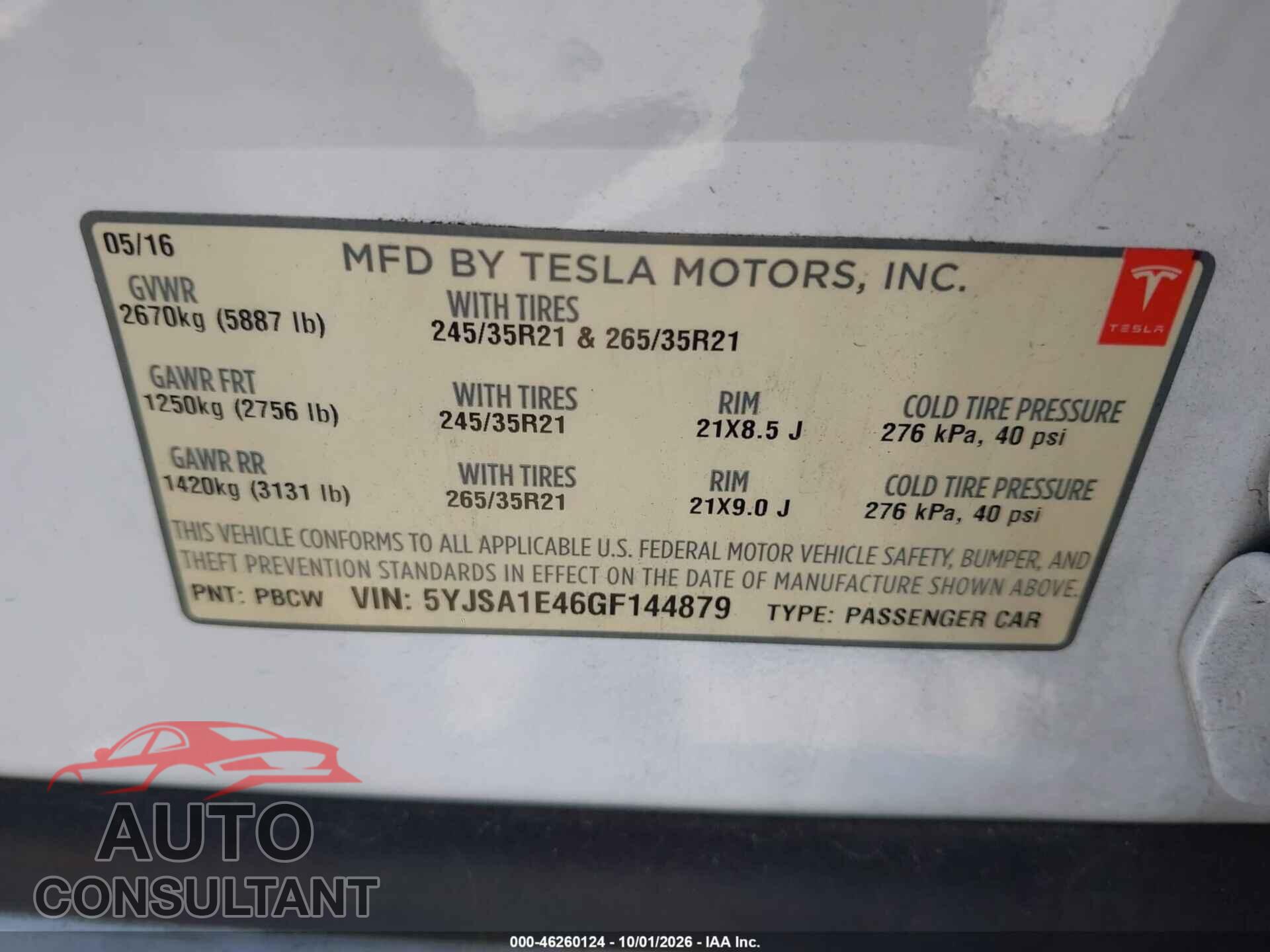 TESLA MODEL S 2016 - 5YJSA1E46GF144879
