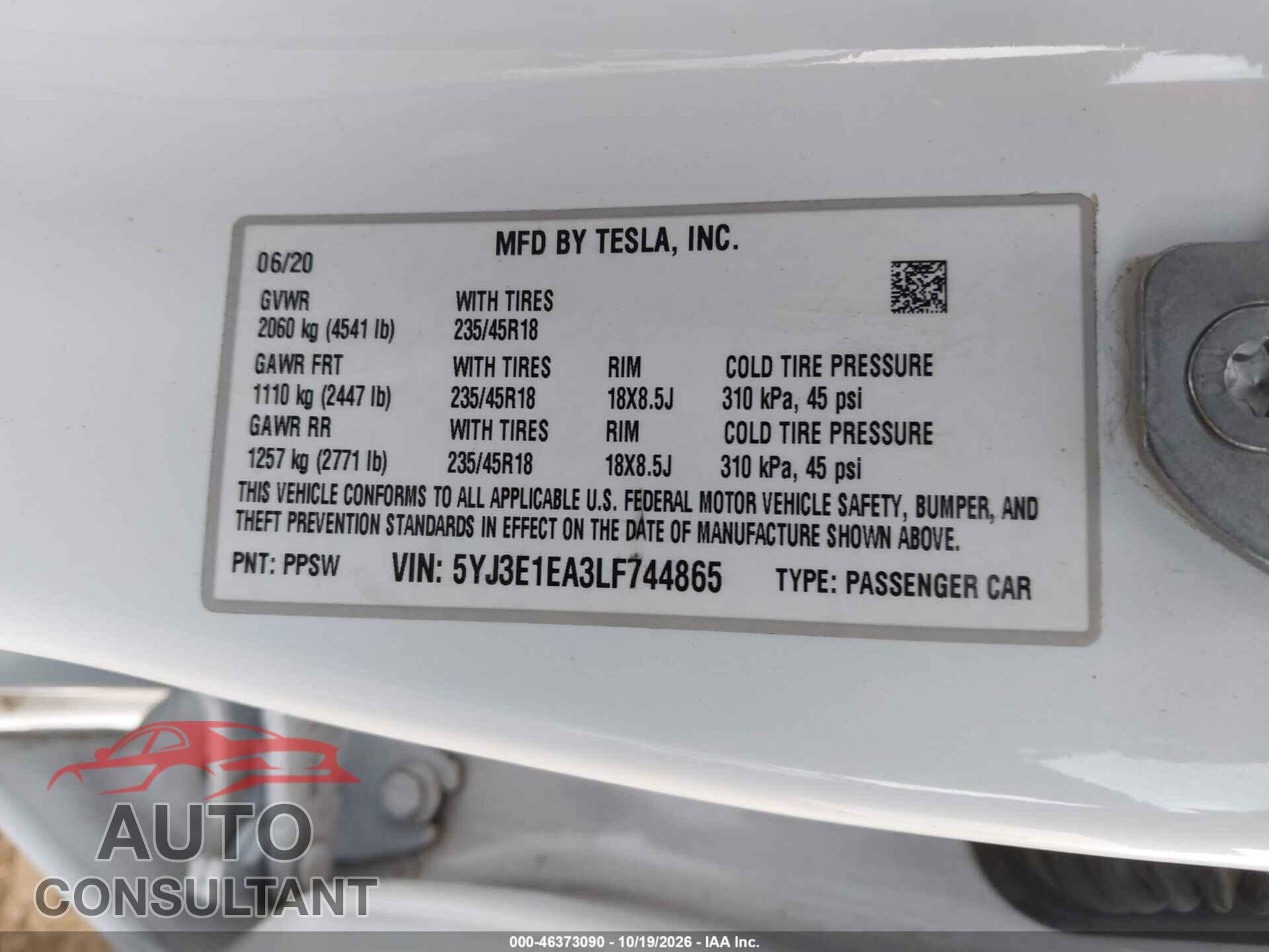 TESLA MODEL 3 2020 - 5YJ3E1EA3LF744865