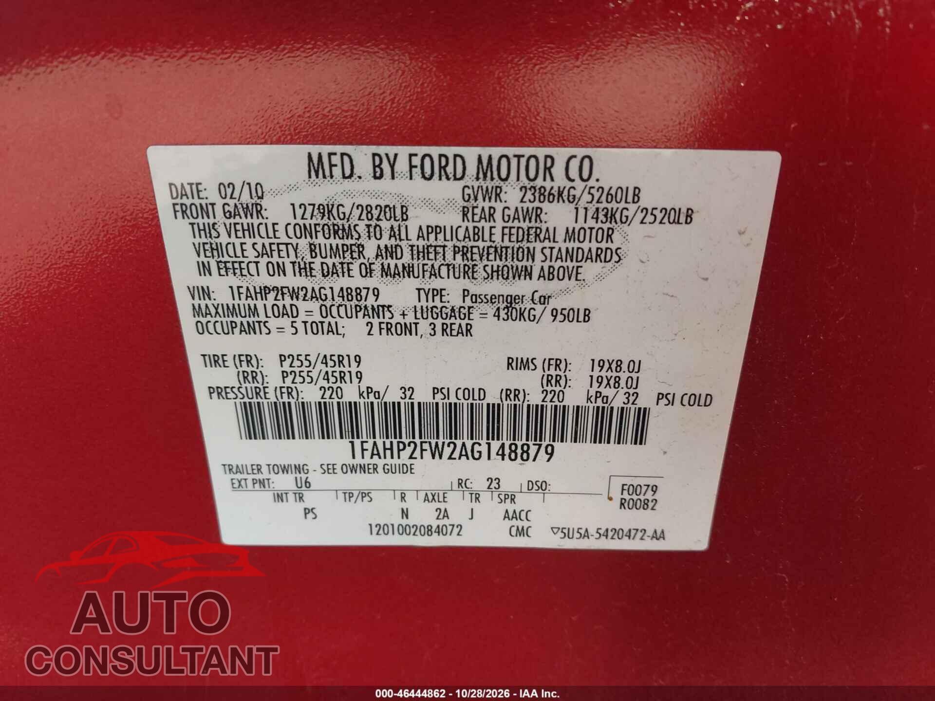 FORD TAURUS 2010 - 1FAHP2FW2AG148879