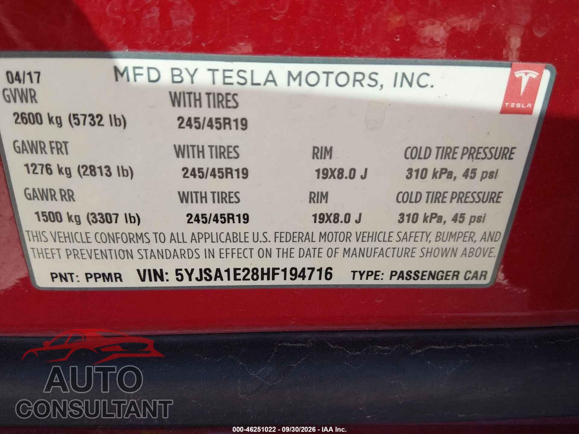 TESLA MODEL S 2017 - 5YJSA1E28HF194716
